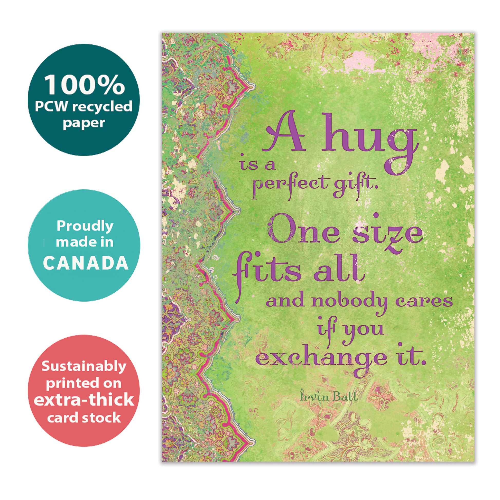 Front view of an All Occasion greeting card featuring an artistic cover with a hug message, highlighting its eco-friendly materials and being made in Canada.