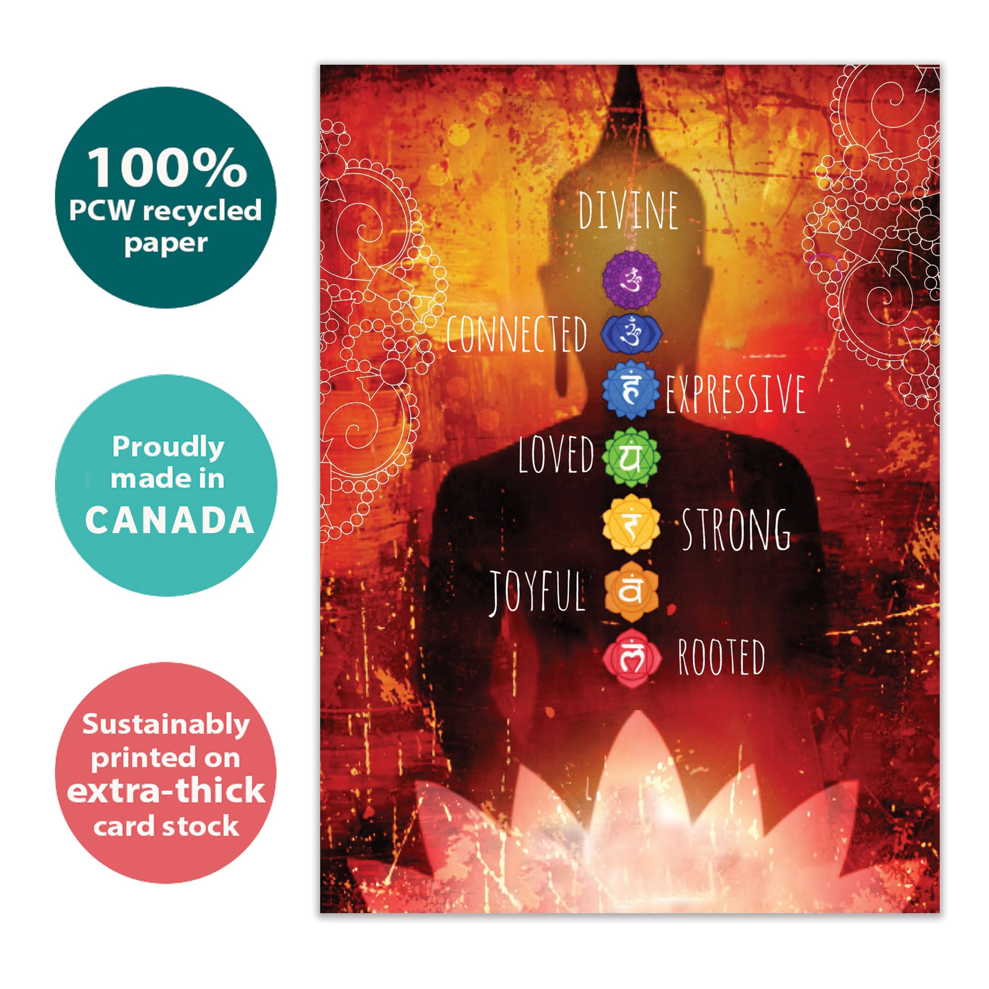 Front view of an All Occasion greeting card with spiritual words like 'divine' and 'joyful,' and intricate art, highlighting its eco-friendly materials and being made in Canada.