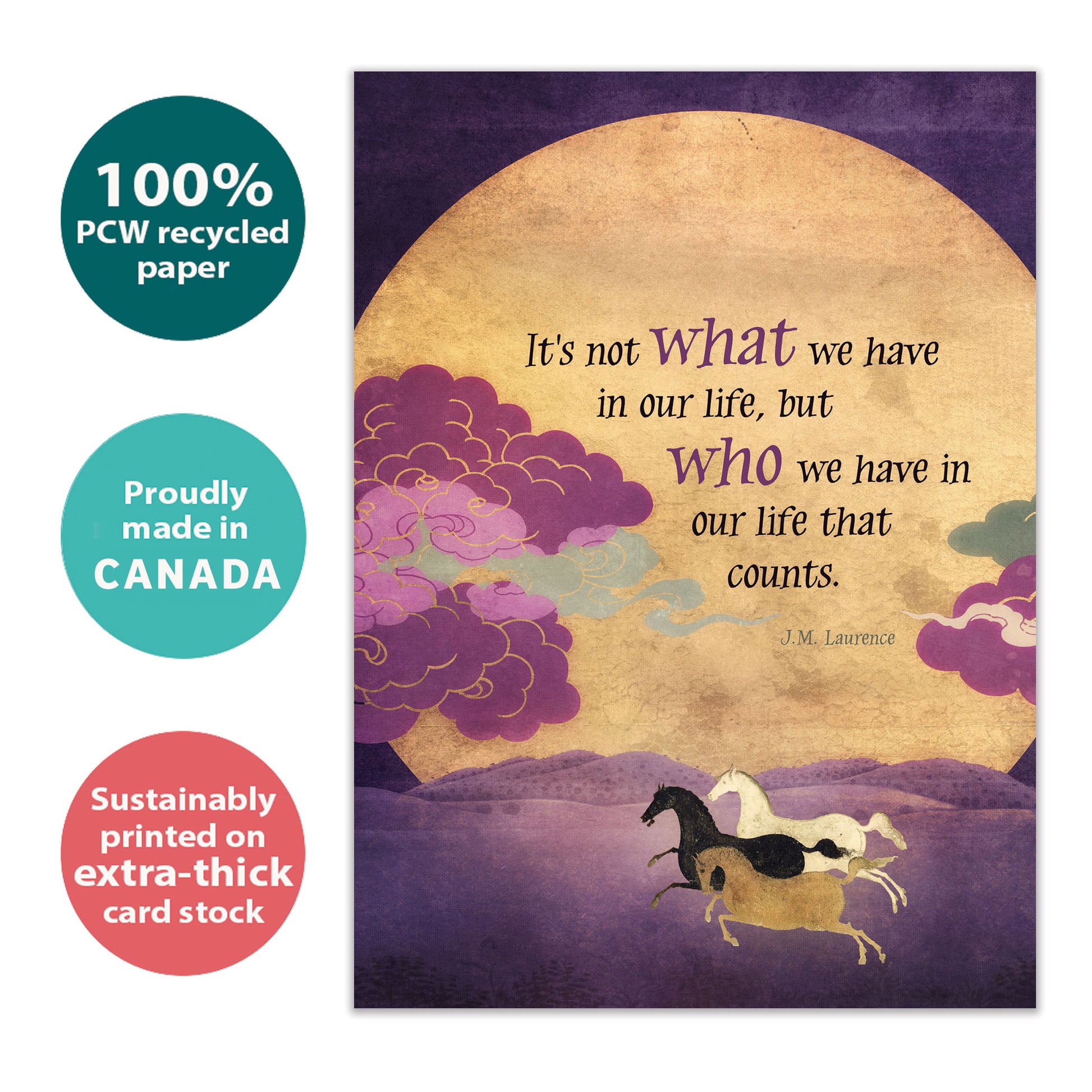 Front view of an All Occasion greeting card featuring horses running in front of the sun with a message on the importance of people, highlighting its eco-friendly materials and being made in Canada.