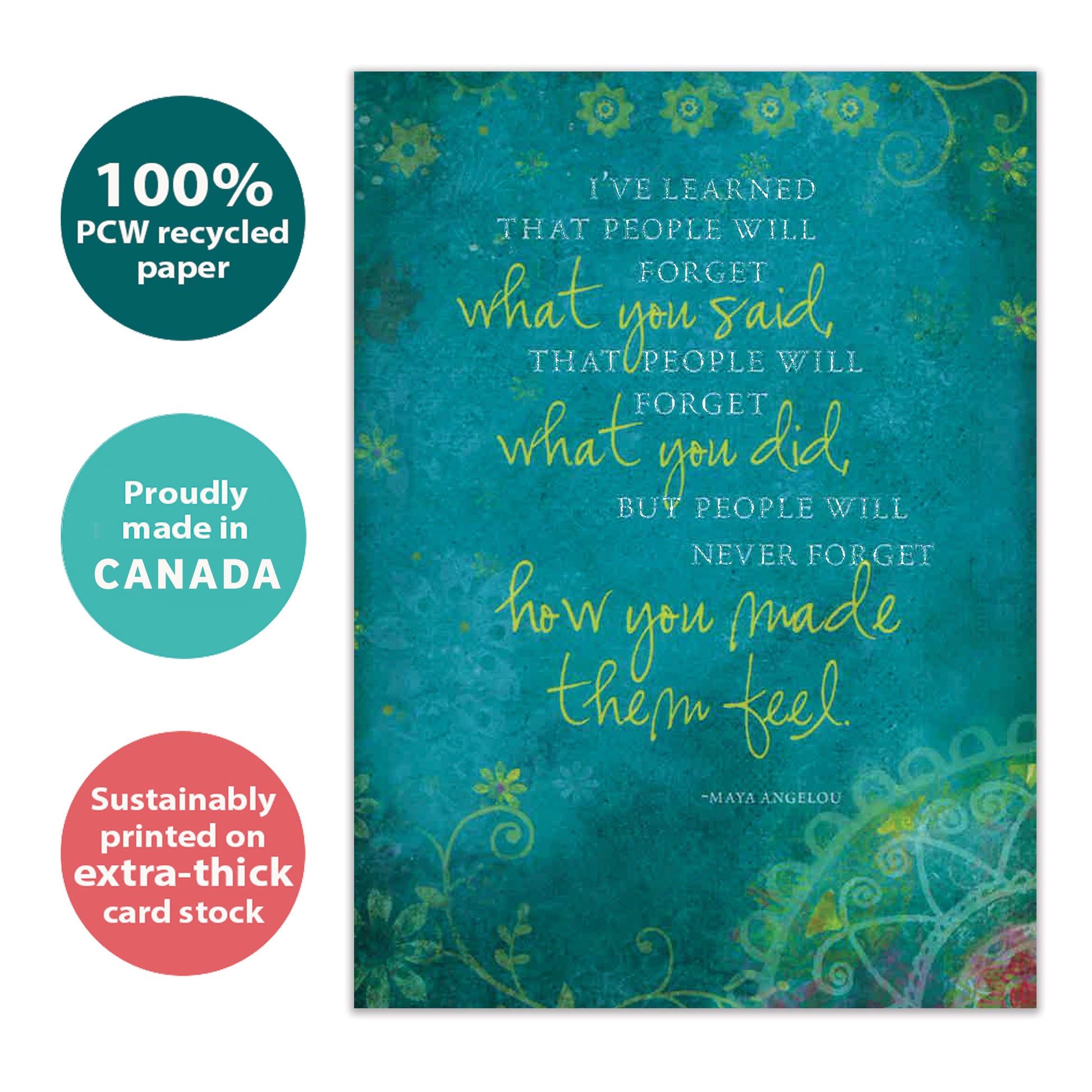 Front view of an All Occasion greeting card with a detailed illustration and a message about how you made them feel, highlighting its eco-friendly materials and made in Canada.