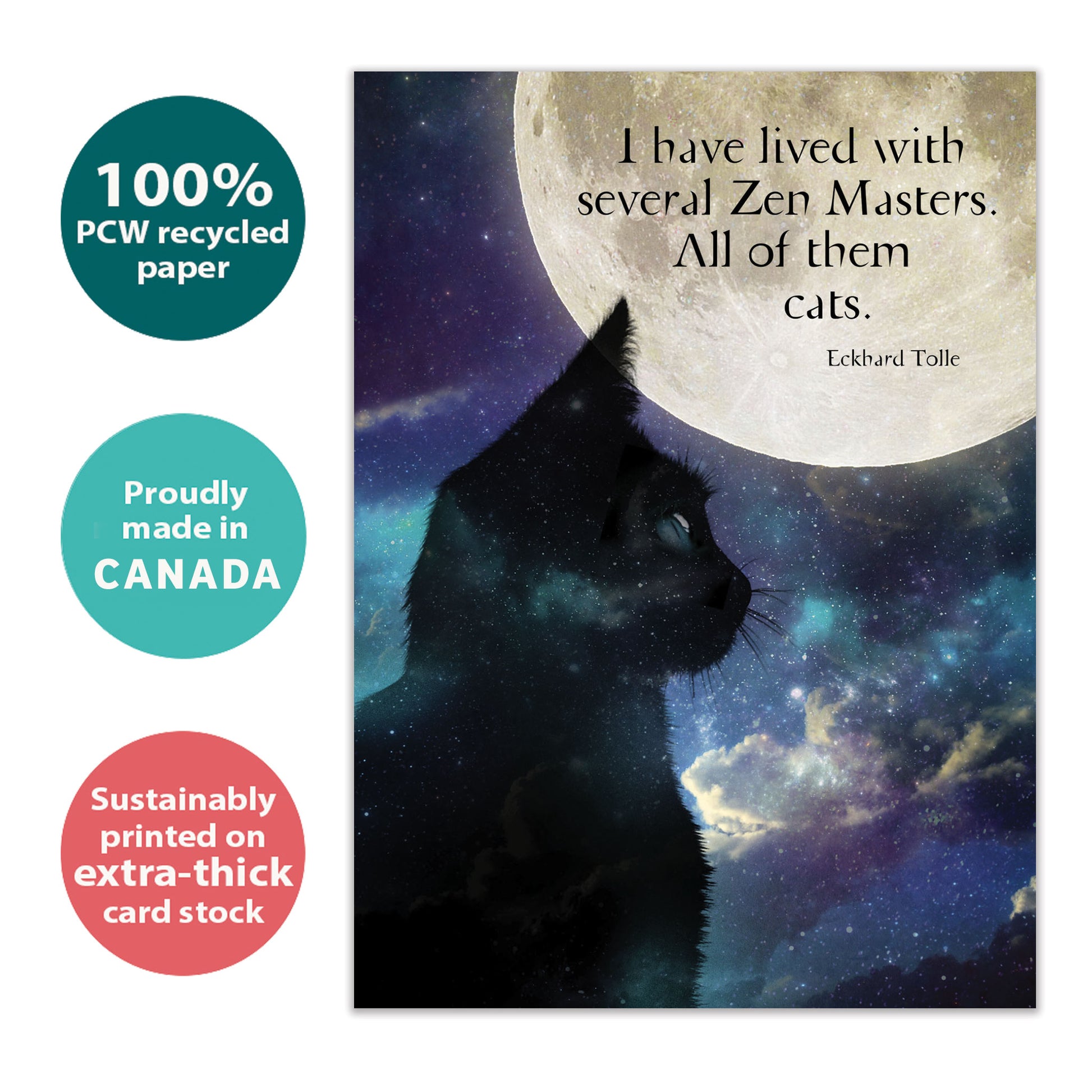 Front view of an All Occasion greeting card featuring a cat and moon illustration with a quote about cats, highlighting its eco-friendly materials made in Canada.