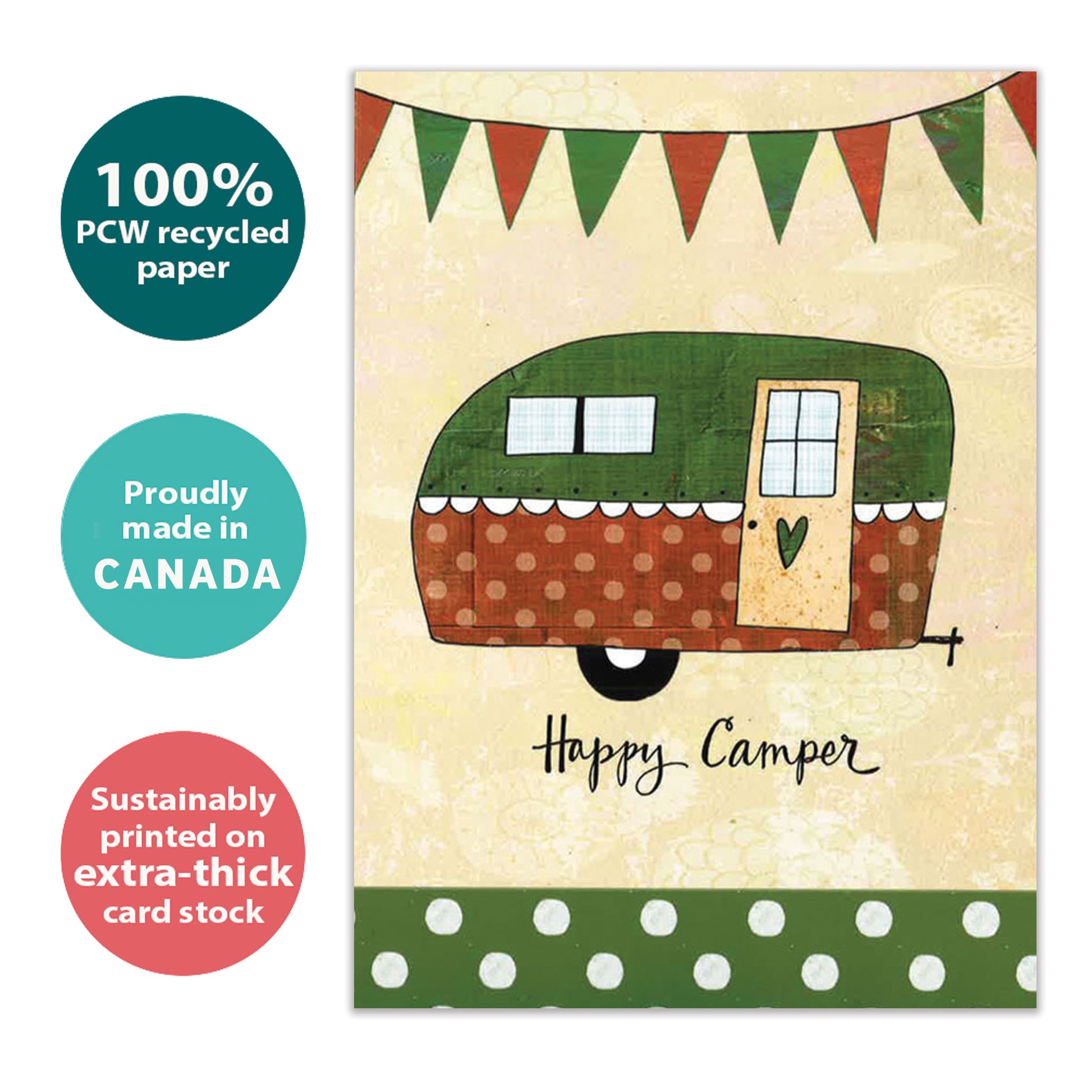 Front view of an All Occasion greeting card with a camper illustration and 'Happy Camper' text, highlighting its eco-friendly materials and made in Canada.