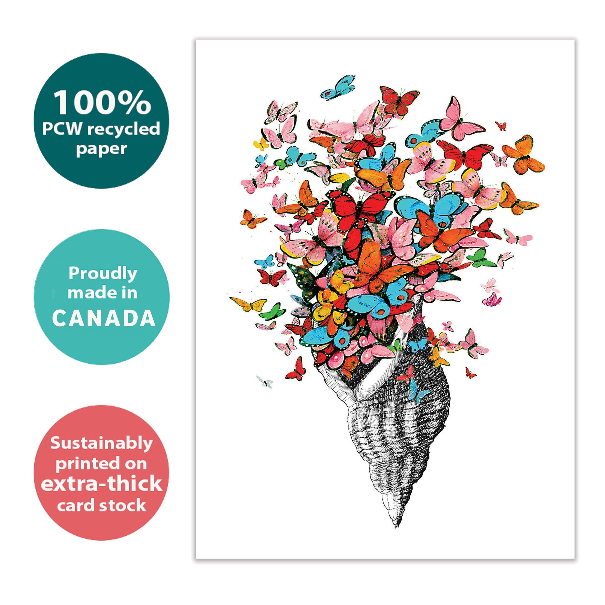 Front view of an All Occasion greeting card featuring a shell and butterflies in a joyful design, highlighting its eco-friendly materials and made in Canada.