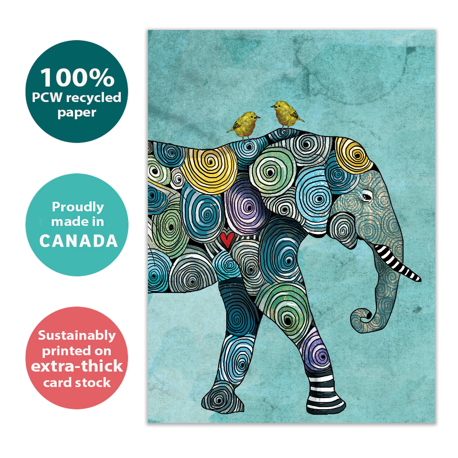 Front view of an All Occasion greeting card featuring a colourful elephant illustration, highlighting its eco-friendly materials and made in Canada.