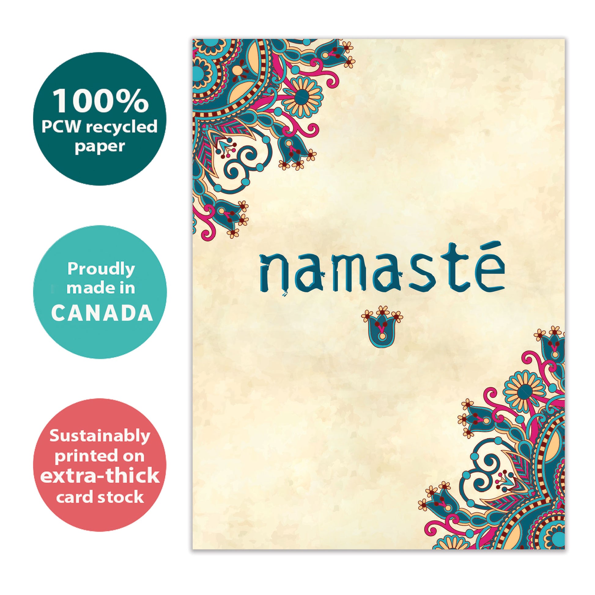 Front view of an All Occasion greeting card featuring 'Namaste' and mandala artwork, highlighting its eco-friendly materials and made in Canada.
