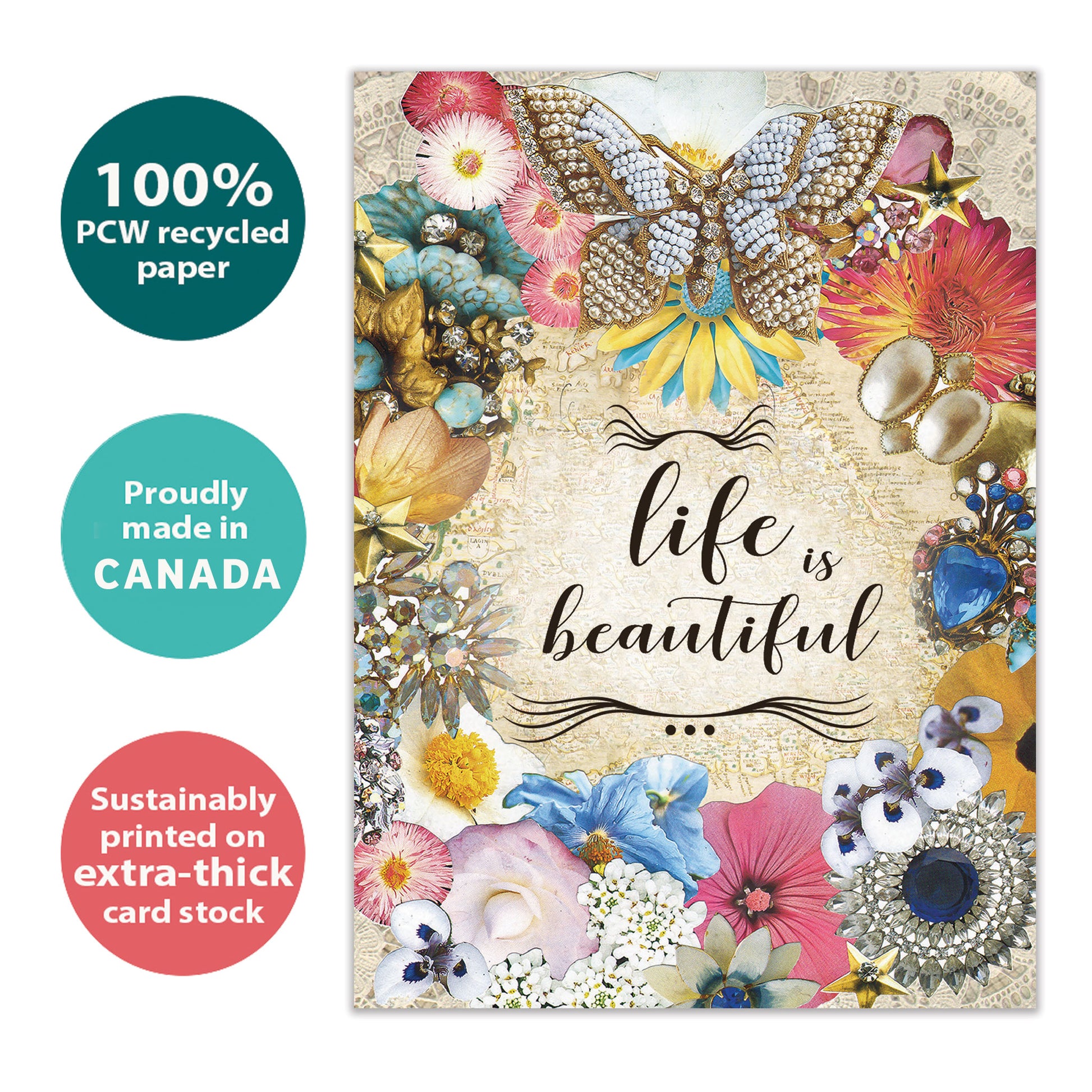 Front view of an All Occasion greeting card with the words 'Life is Beautiful' and beautiful illustration, highlighting its eco-friendly materials and made in Canada.