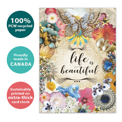 Front view of an All Occasion greeting card with the words 'Life is Beautiful' and beautiful illustration, highlighting its eco-friendly materials and made in Canada.