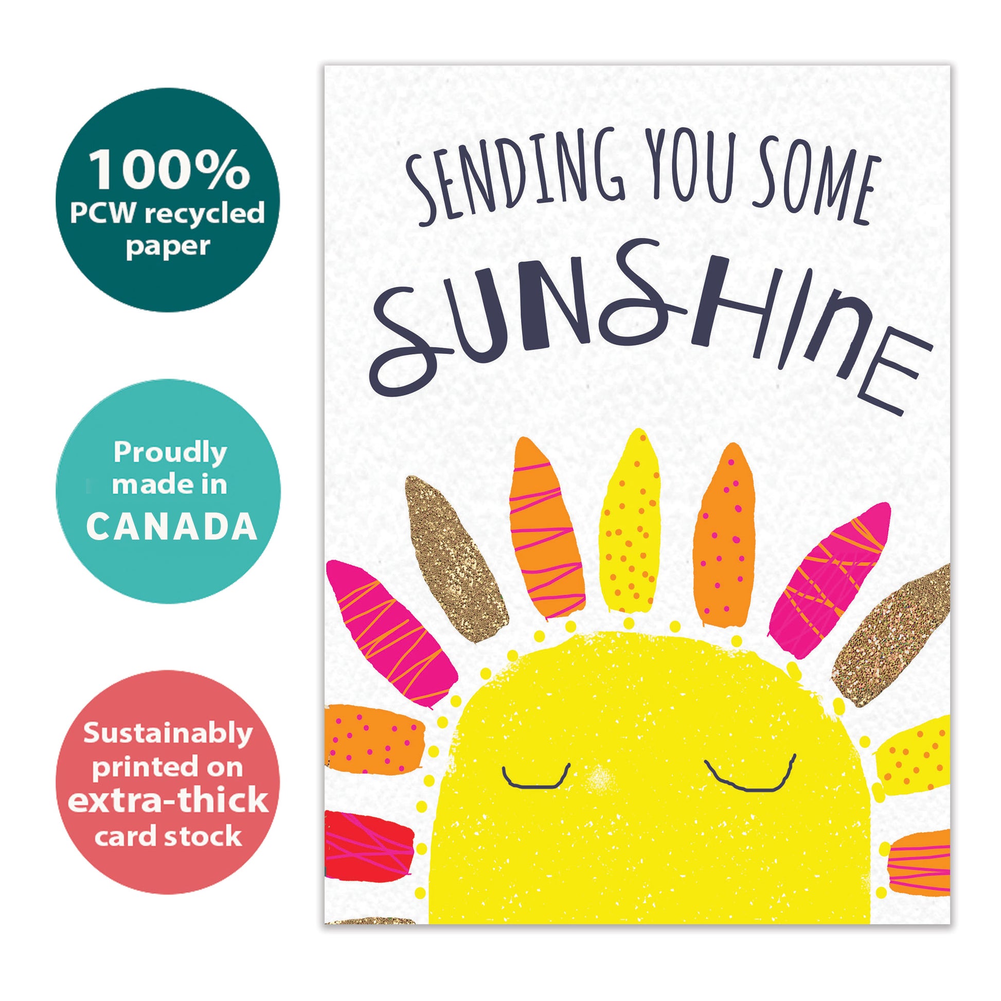 Front view of an All Occasion greeting card with a sun illustration and 'Sending You Some Sunshine' text, highlighting its eco-friendly materials and made in Canada.