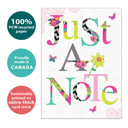 Front view of an All Occasion greeting card with a floral design and 'Just A Note' text, highlighting its eco-friendly materials and made in Canada.