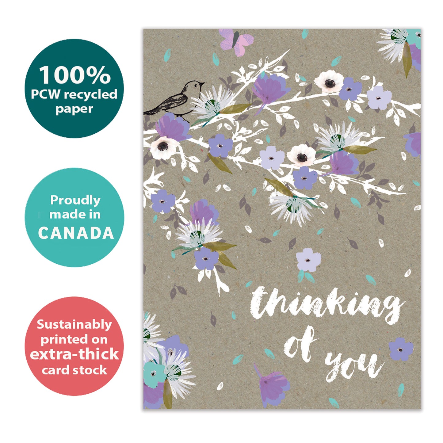 Front view of an All Occasion greeting card with purple flowers and 'Thinking of You' text, highlighting its eco-friendly materials and made in Canada.