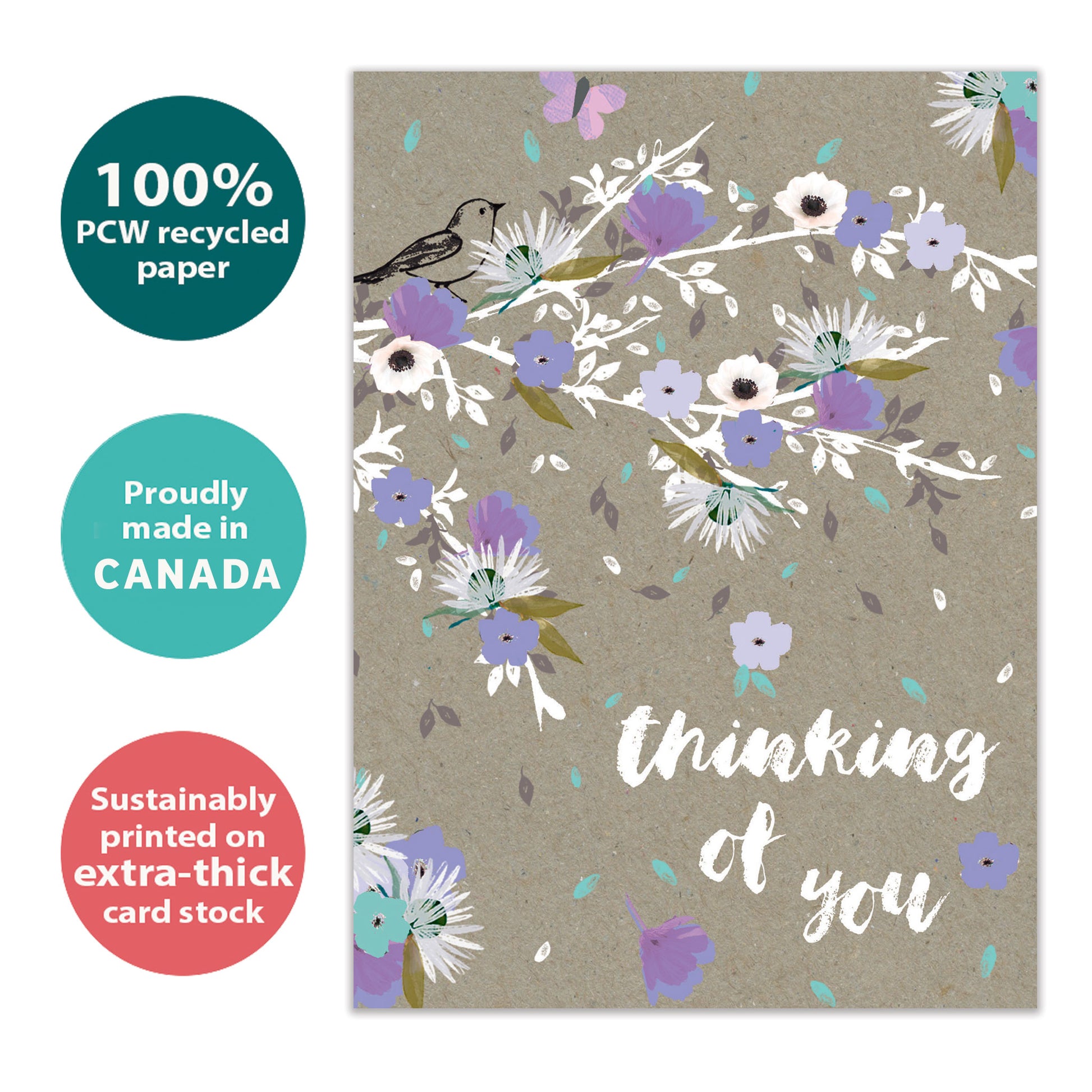 Front view of an All Occasion greeting card with purple flowers and 'Thinking of You' text, highlighting its eco-friendly materials and made in Canada.