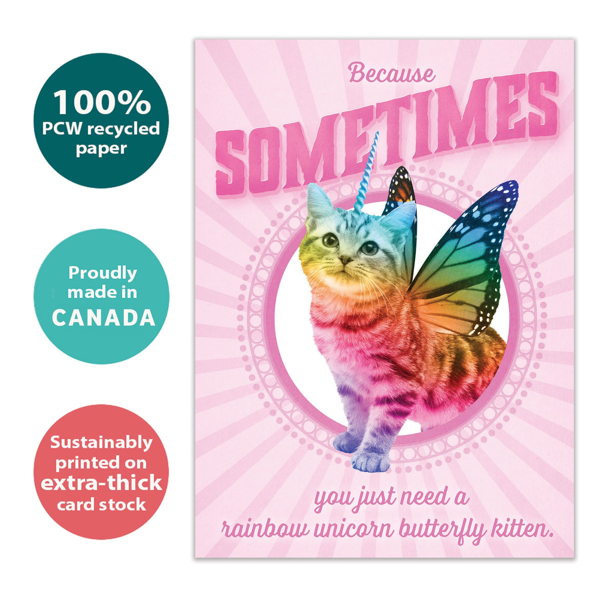 Front view of an All Occasion greeting card with a unicorn kitten, butterfly wings, and rainbow colours, highlighting its eco-friendly materials and made in Canada.