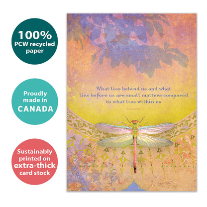 Front view of an All Occasion greeting card with a dragonfly design and a message about inner beauty, highlighting its eco-friendly materials and made in Canada.