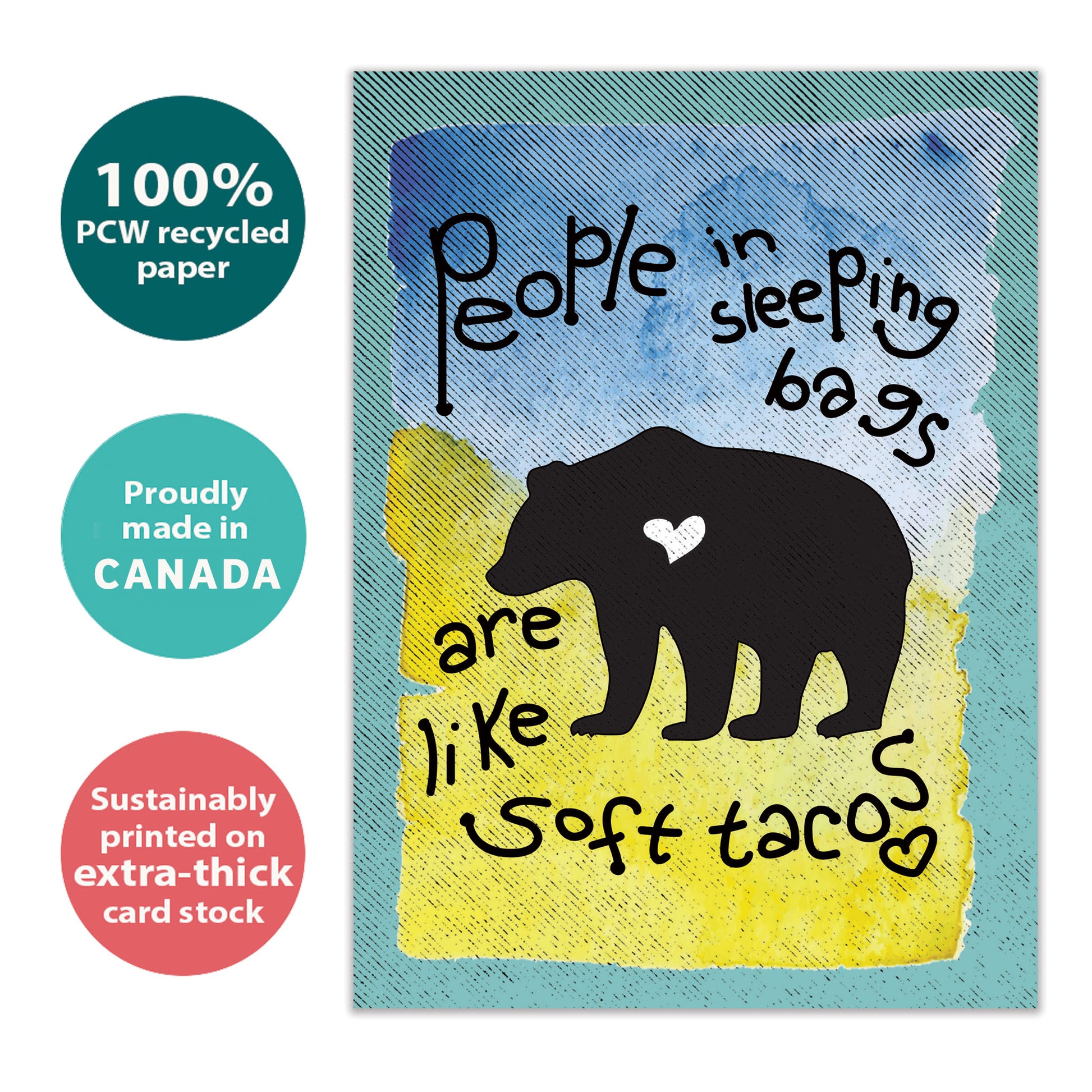 Front view of an All Occasion greeting card with a bear silhouette and a message, highlighting its eco-friendly materials and made in Canada.