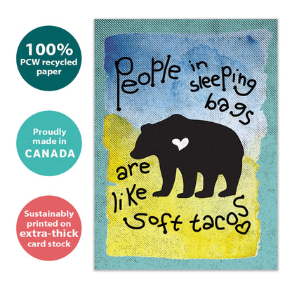 Front view of an All Occasion greeting card with a bear silhouette and a message, highlighting its eco-friendly materials and made in Canada.