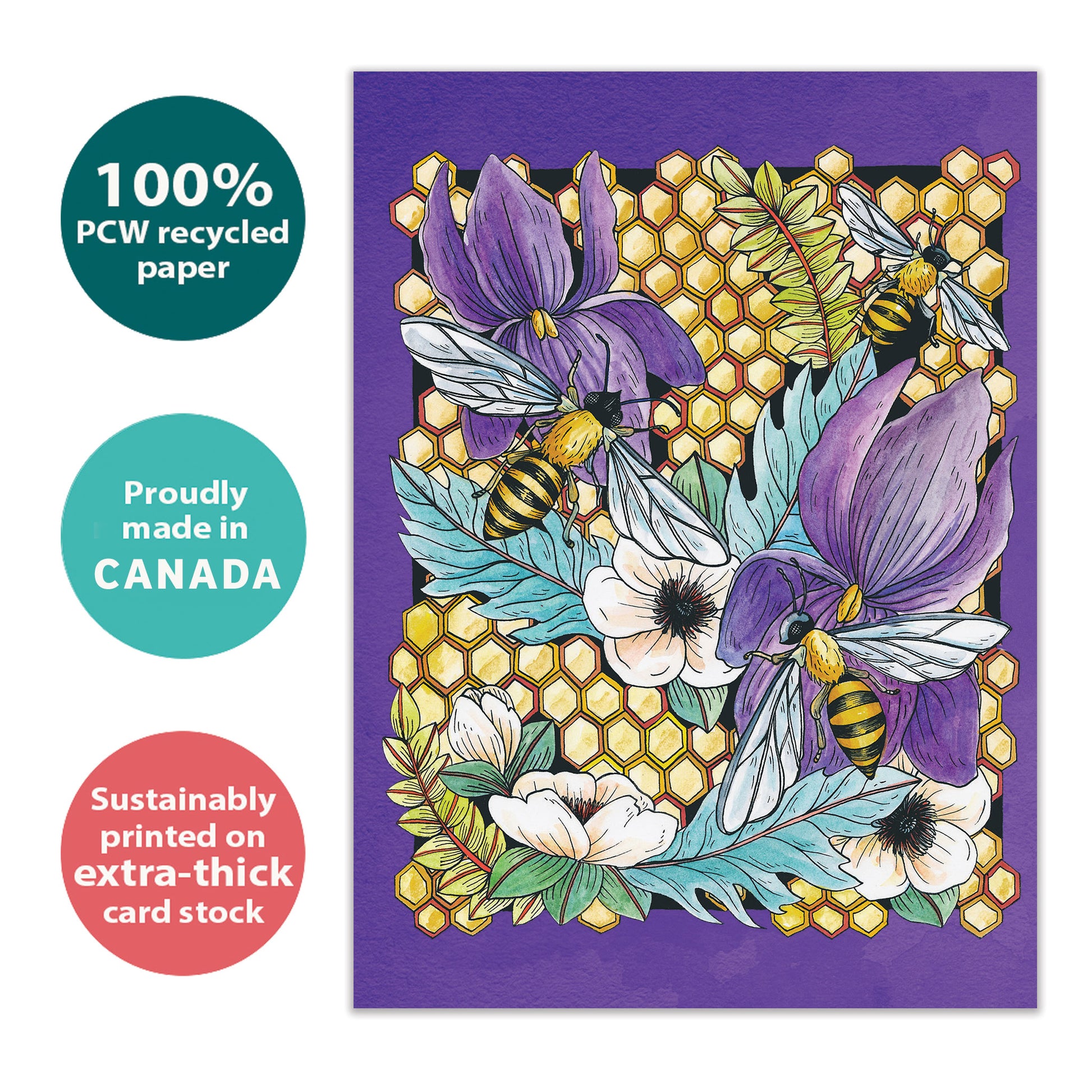 Front view of an All Occasion greeting card with honeycomb, bees, and flowers, highlighting its eco-friendly materials and made in Canada.