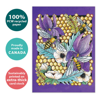 Front view of an All Occasion greeting card with honeycomb, bees, and flowers, highlighting its eco-friendly materials and made in Canada.