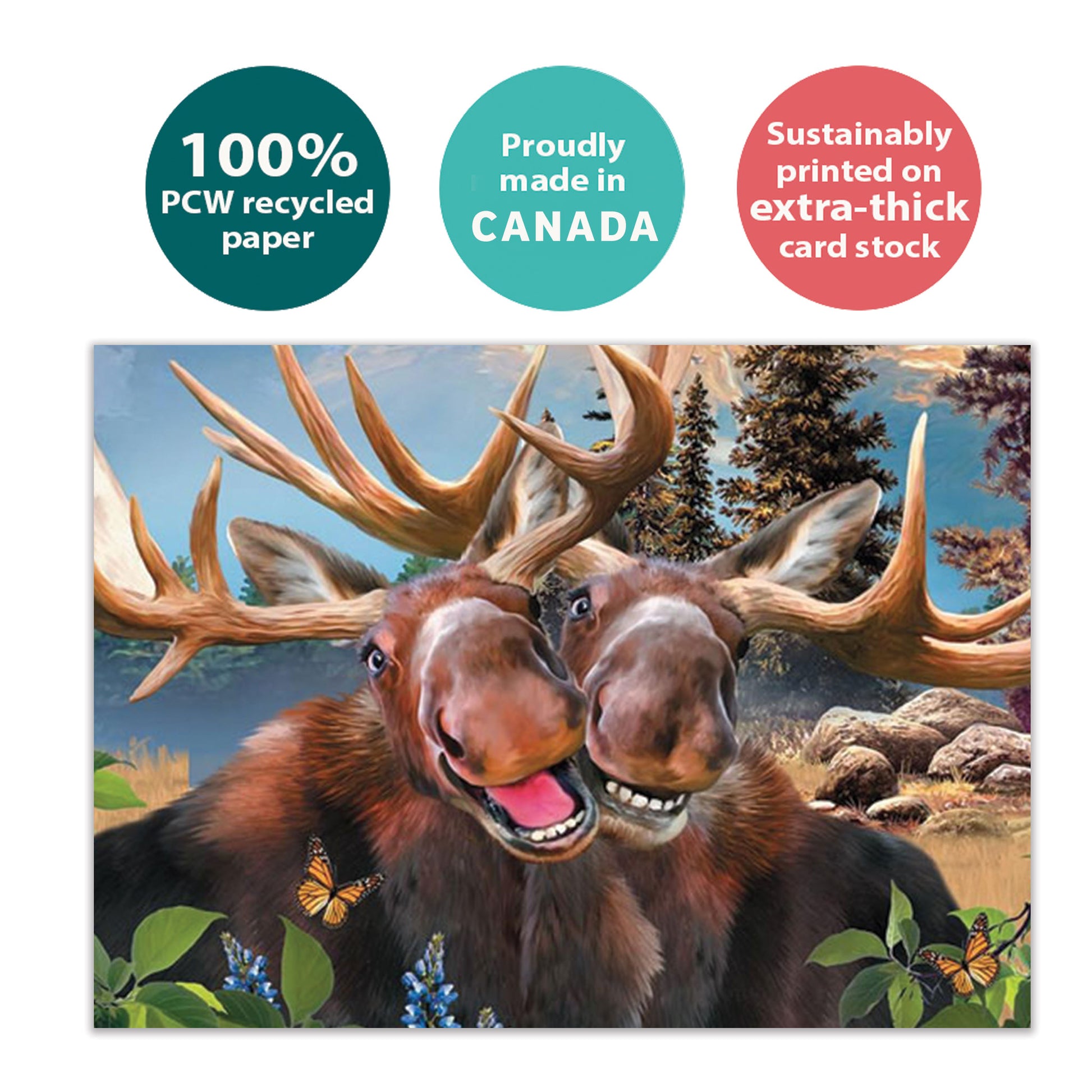 Front view of an All Occasion greeting card with two smiling moose, highlighting its eco-friendly materials and made in Canada.