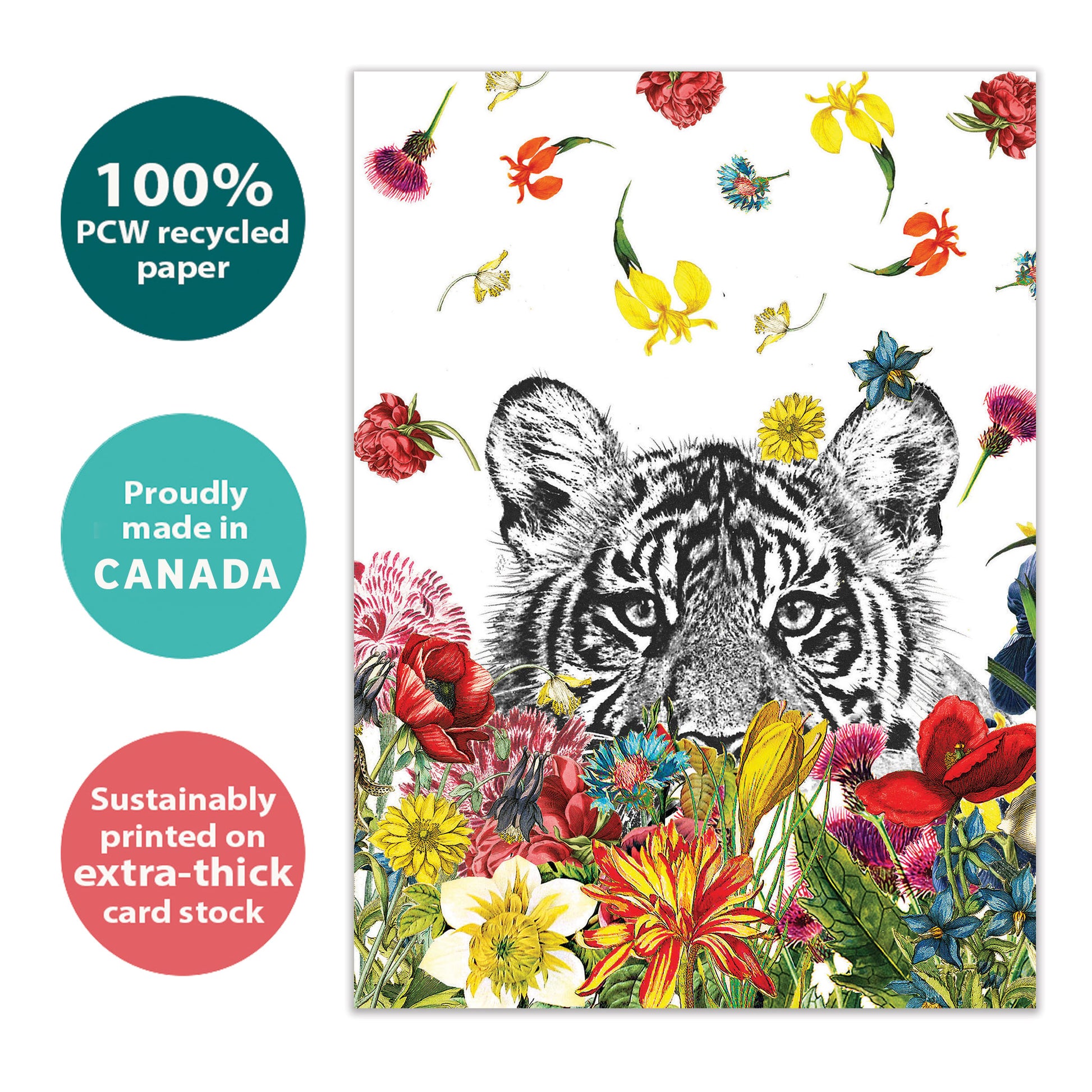 Front view of an All Occasion greeting card with a tiger and flowers, highlighting its eco-friendly materials and made in Canada.