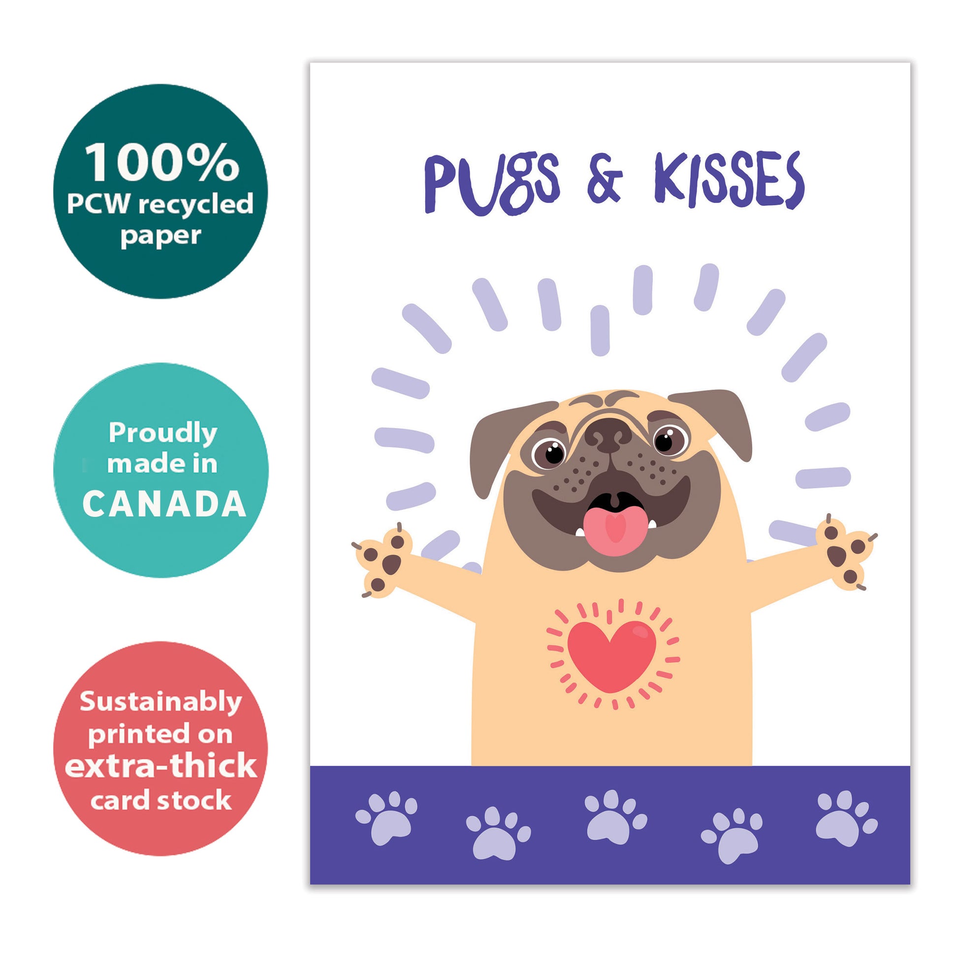 Front view of an All Occasion greeting card with a cute pug and the words 'pugs & kisses,' highlighting its eco-friendly materials and made in Canada.
