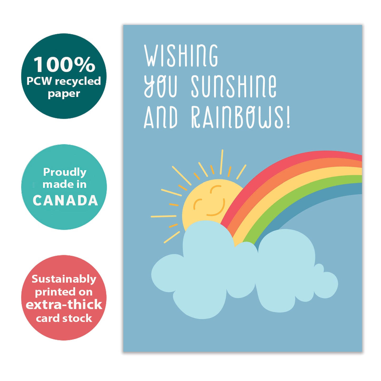 Front view of an All Occasion greeting card with a sun and rainbow and a nice message, highlighting its eco-friendly materials and made in Canada.