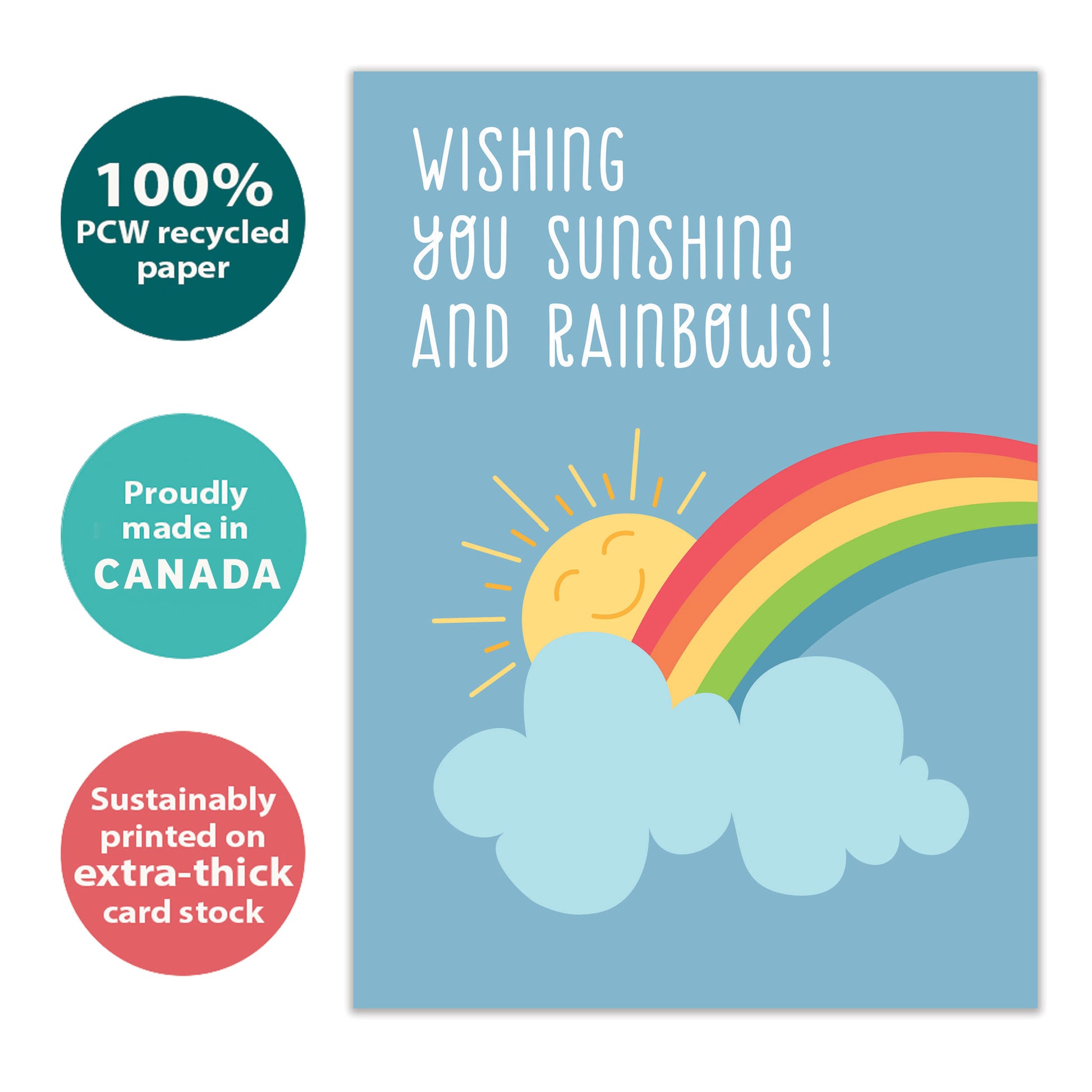 Front view of an All Occasion greeting card with a sun and rainbow and a nice message, highlighting its eco-friendly materials and made in Canada.