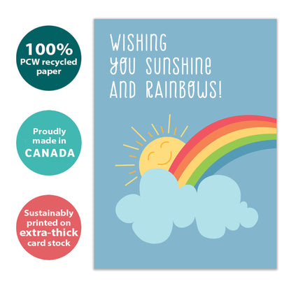 Front view of an All Occasion greeting card with a sun and rainbow and a nice message, highlighting its eco-friendly materials and made in Canada.