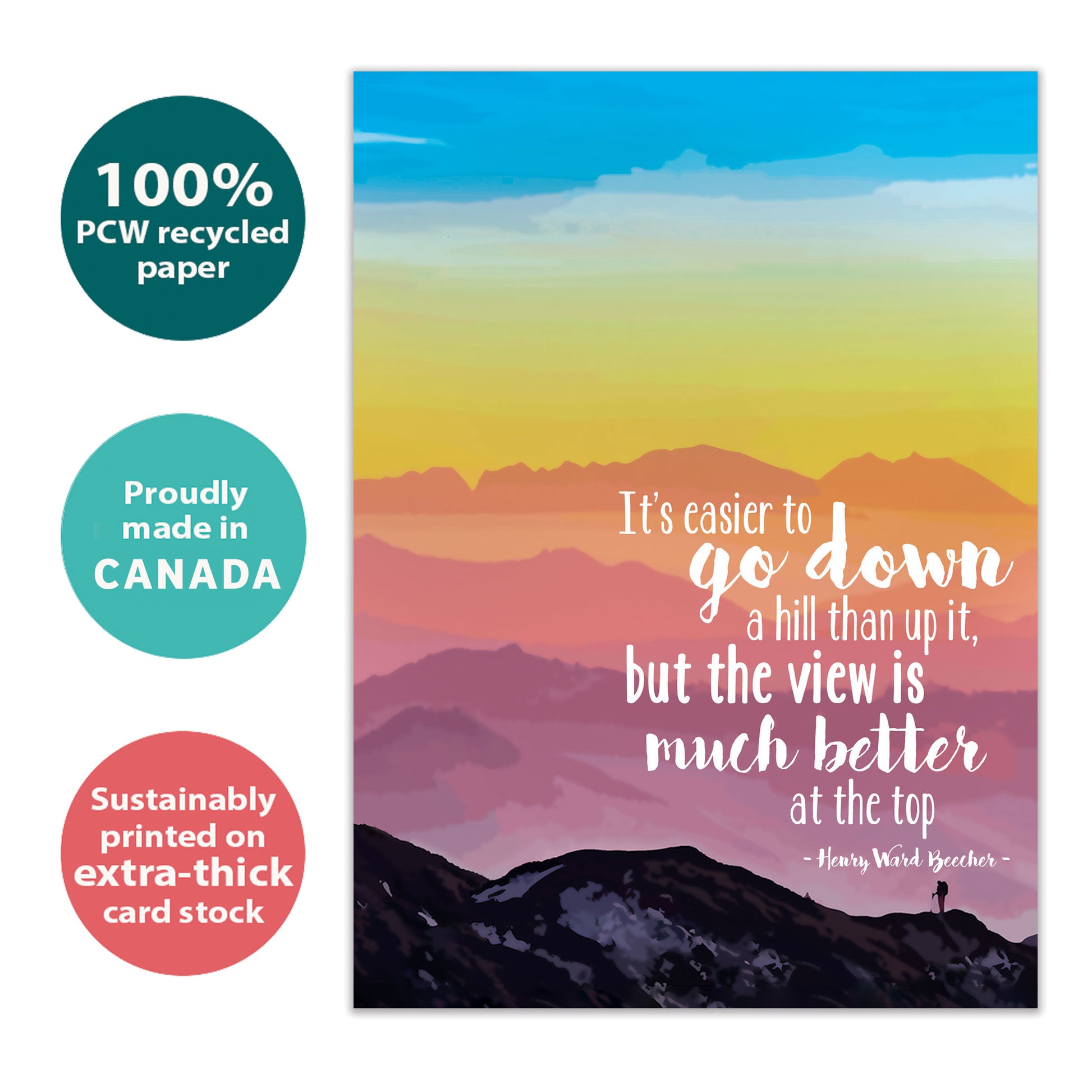 Front view of an All Occasion greeting card featuring a person climbing a mountain and an inspirational message about the view from the top, with matching envelope artwork.