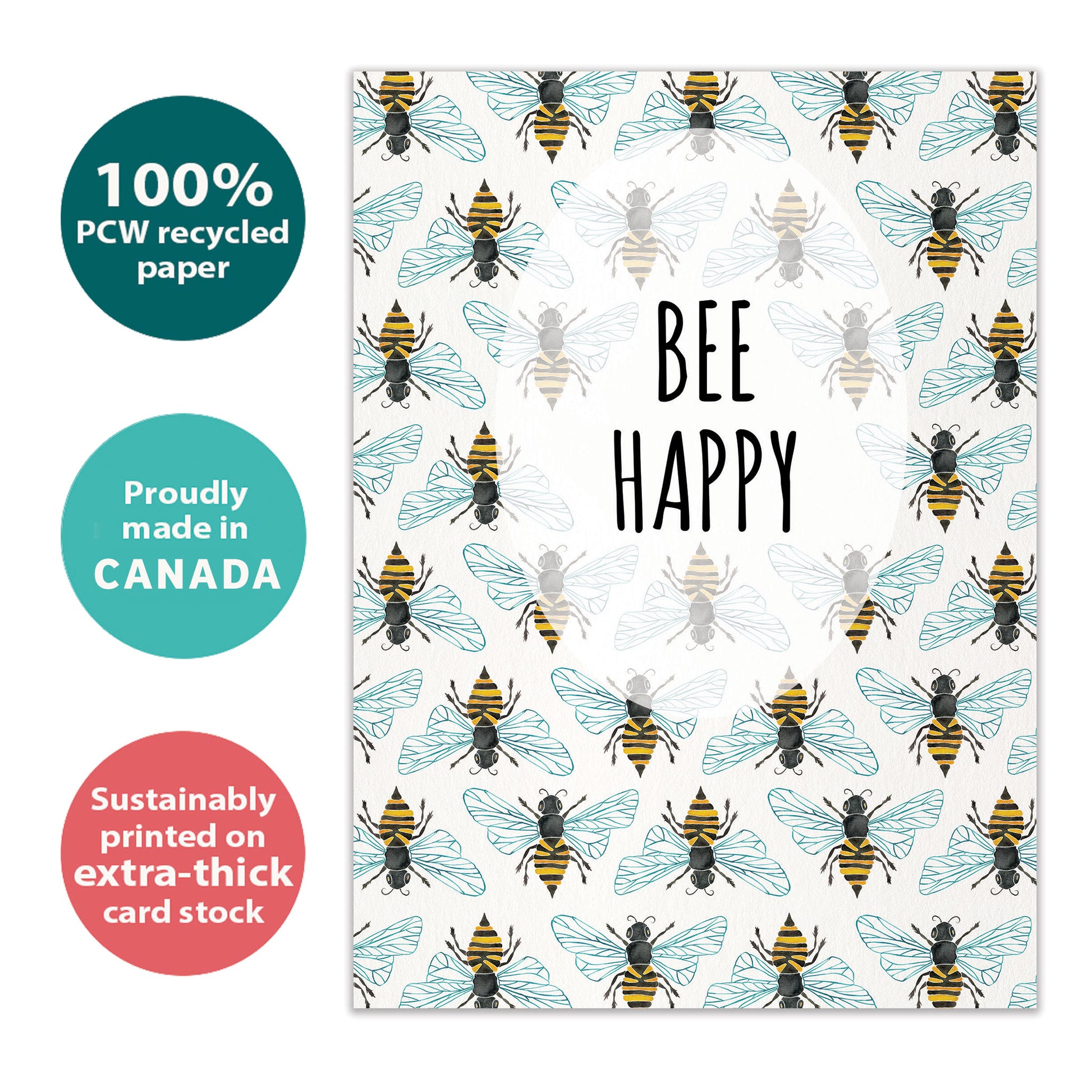 Front view of an All Occasion greeting card with bees and the message 'bee happy,' highlighting its eco-friendly materials and made in Canada.