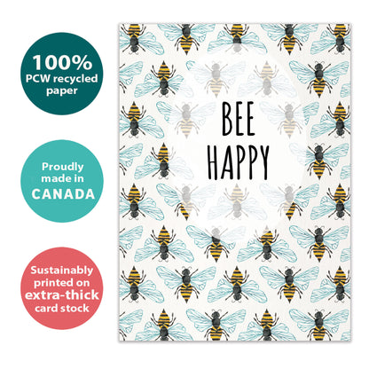 Front view of an All Occasion greeting card with bees and the message 'bee happy,' highlighting its eco-friendly materials and made in Canada.