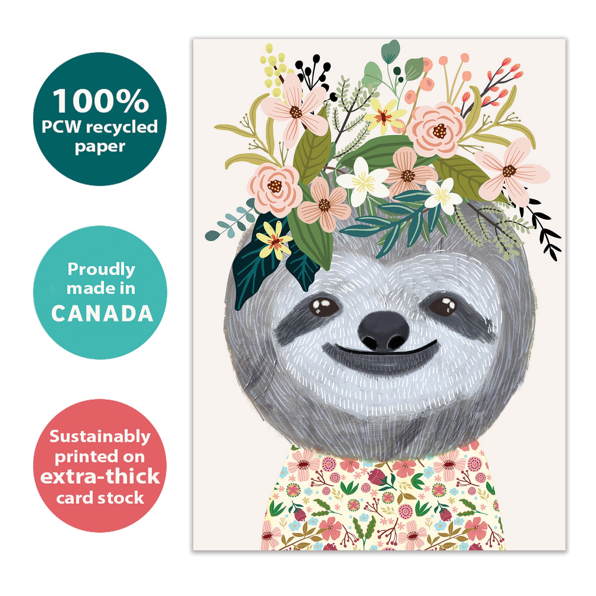 Front view of an All Occasion greeting card with a happy sloth and flowers, highlighting its eco-friendly materials and made in Canada.