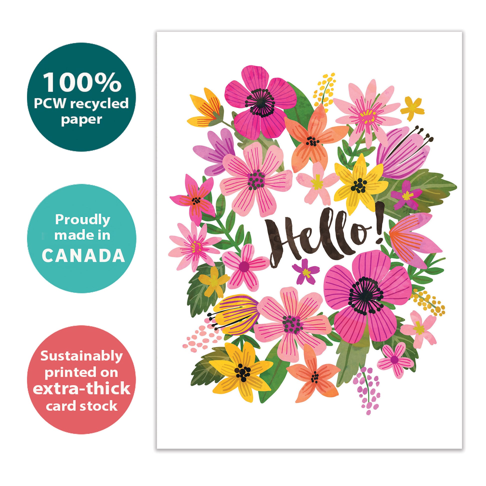 Front view of an All Occasion greeting card with colourful flowers and the message 'Hello!,' highlighting its eco-friendly materials and made in Canada.