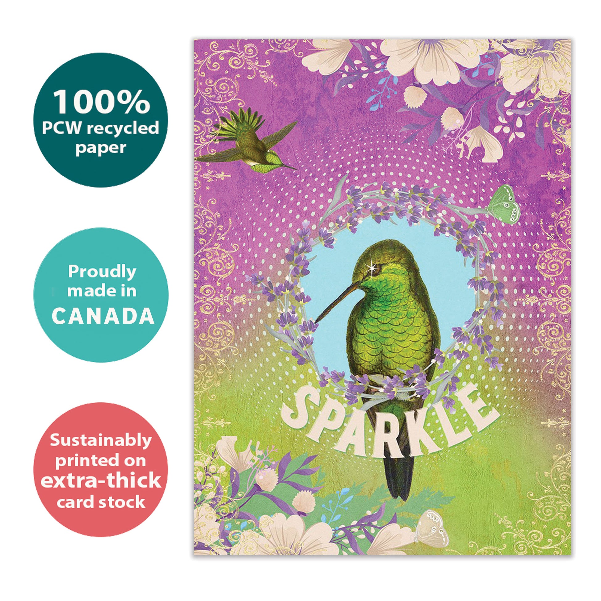 Front view of an All Occasion greeting card with a bird illustration and the word 'sparkle,' highlighting its eco-friendly materials and made in Canada.