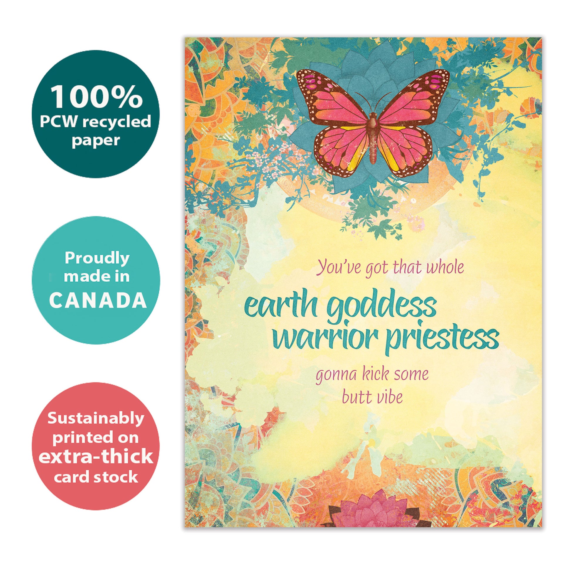 Front view of an All Occasion greeting card with a butterfly and floral design and an uplifting message, highlighting its eco-friendly materials and made in Canada.