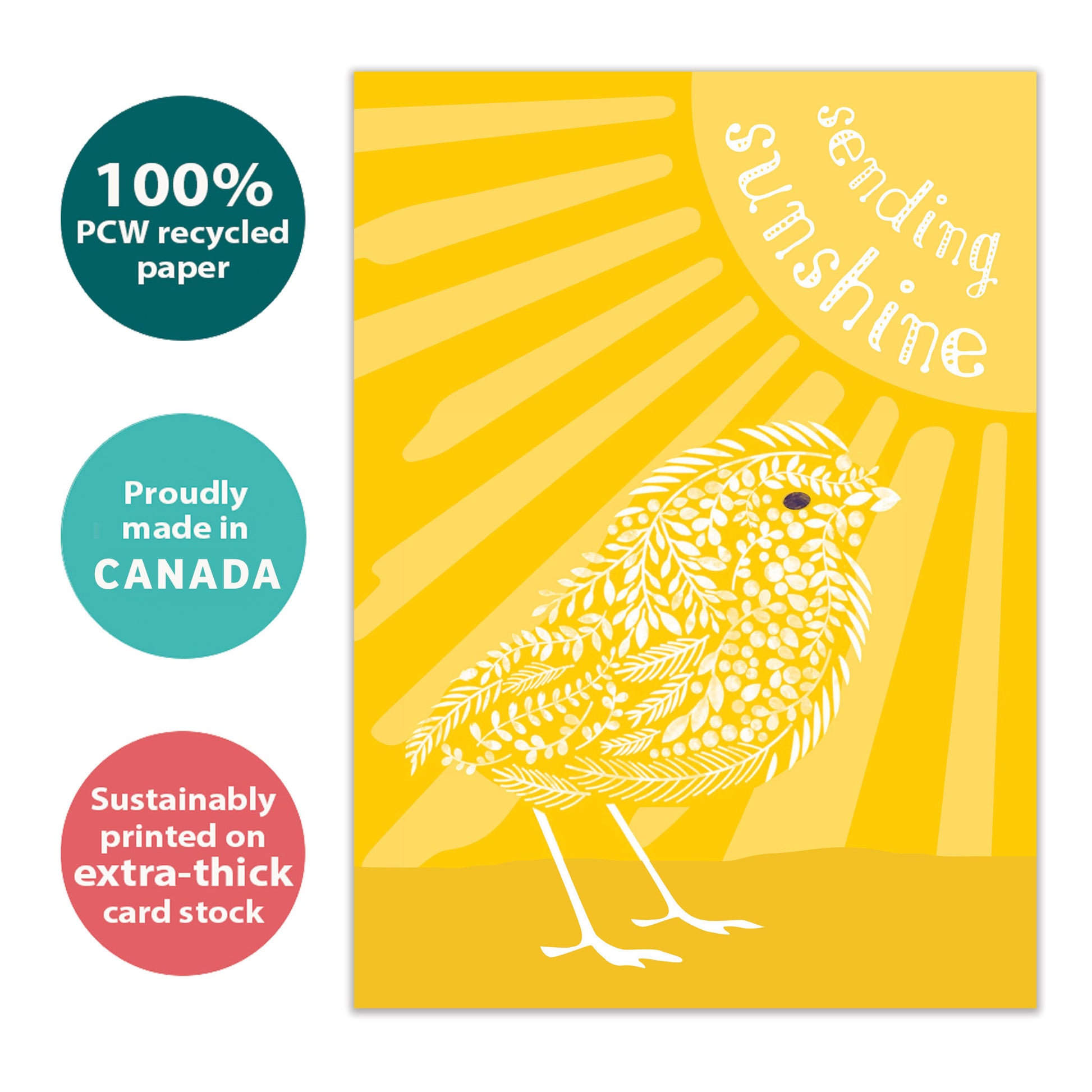 Front view of an All Occasion greeting card with a bird, the sun, and the message 'sending sunshine,' highlighting its eco-friendly materials and made in Canada.