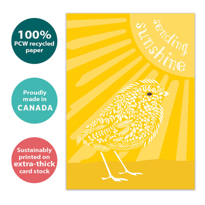 Front view of an All Occasion greeting card with a bird, the sun, and the message 'sending sunshine,' highlighting its eco-friendly materials and made in Canada.