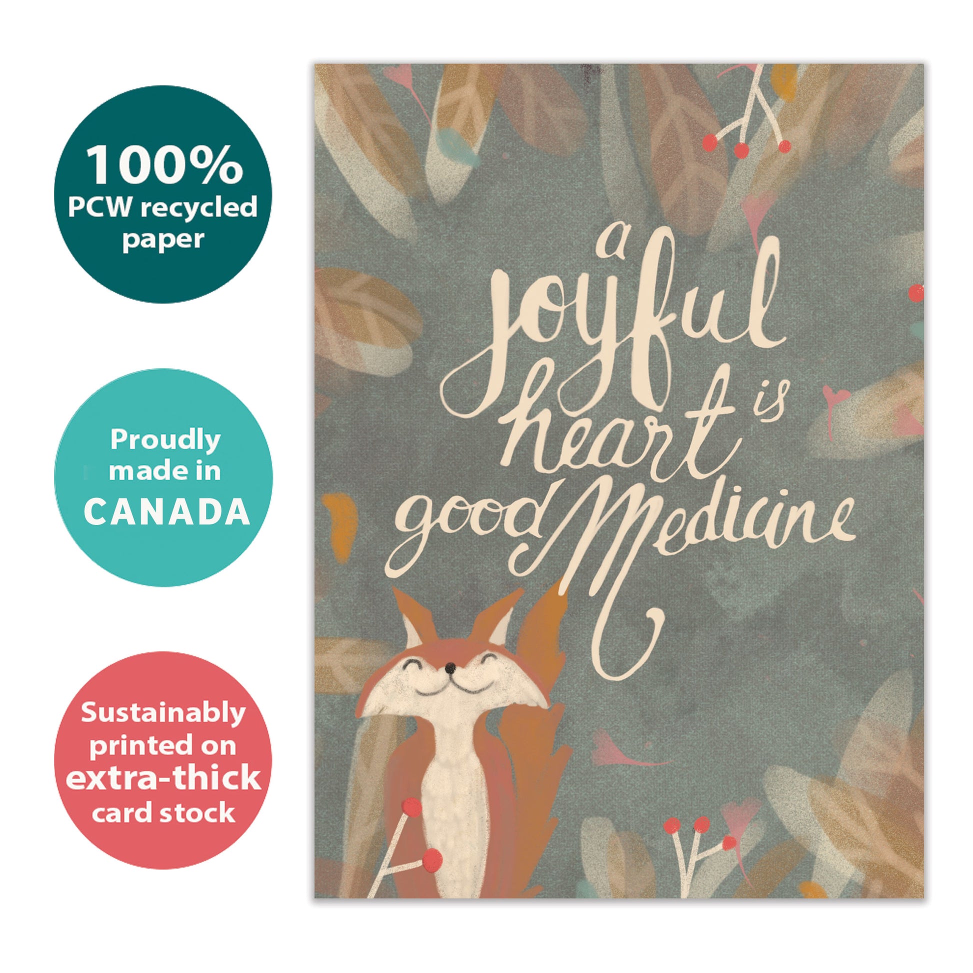 Front view of an All Occasion greeting card with a happy fox and a joyful message, highlighting its eco-friendly materials and made in Canada.