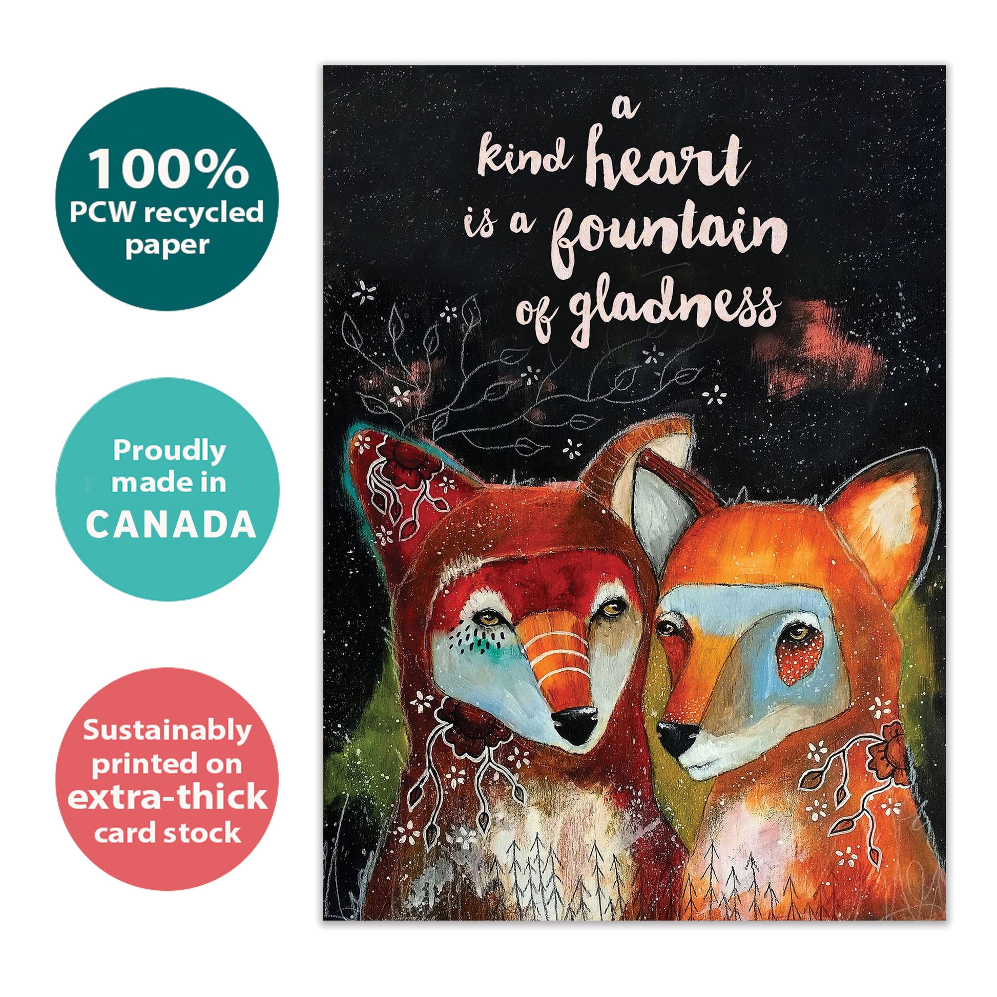 Front view of an All Occasion greeting card with two foxes and a message about a kind heart, highlighting its eco-friendly materials and made in Canada.