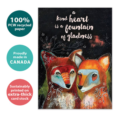 Front view of an All Occasion greeting card with two foxes and a message about a kind heart, highlighting its eco-friendly materials and made in Canada.