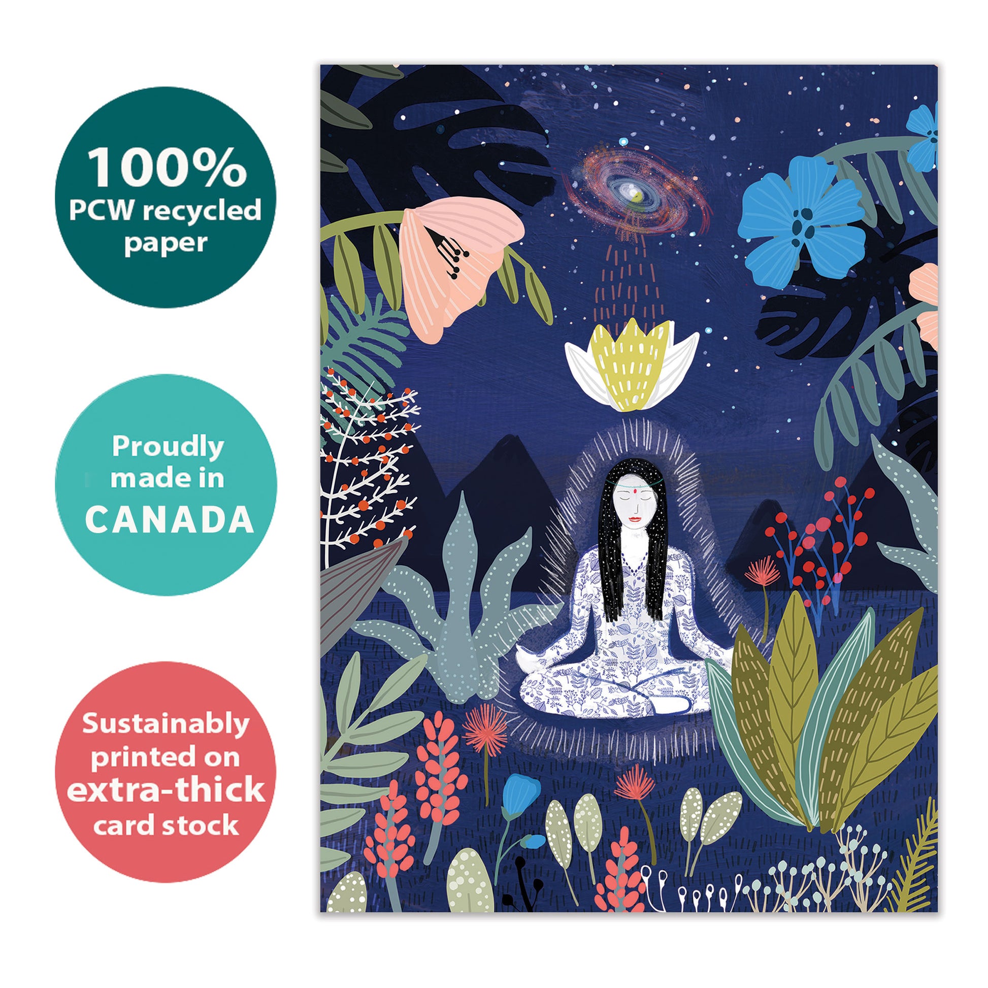 Front view of an All Occasion greeting card with a woman meditating in a garden under the stars, highlighting its eco-friendly materials and made in Canada.