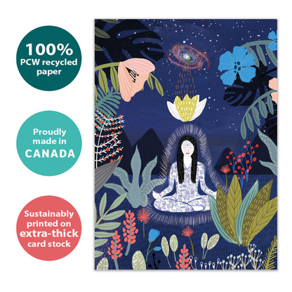 Front view of an All Occasion greeting card with a woman meditating in a garden under the stars, highlighting its eco-friendly materials and made in Canada.