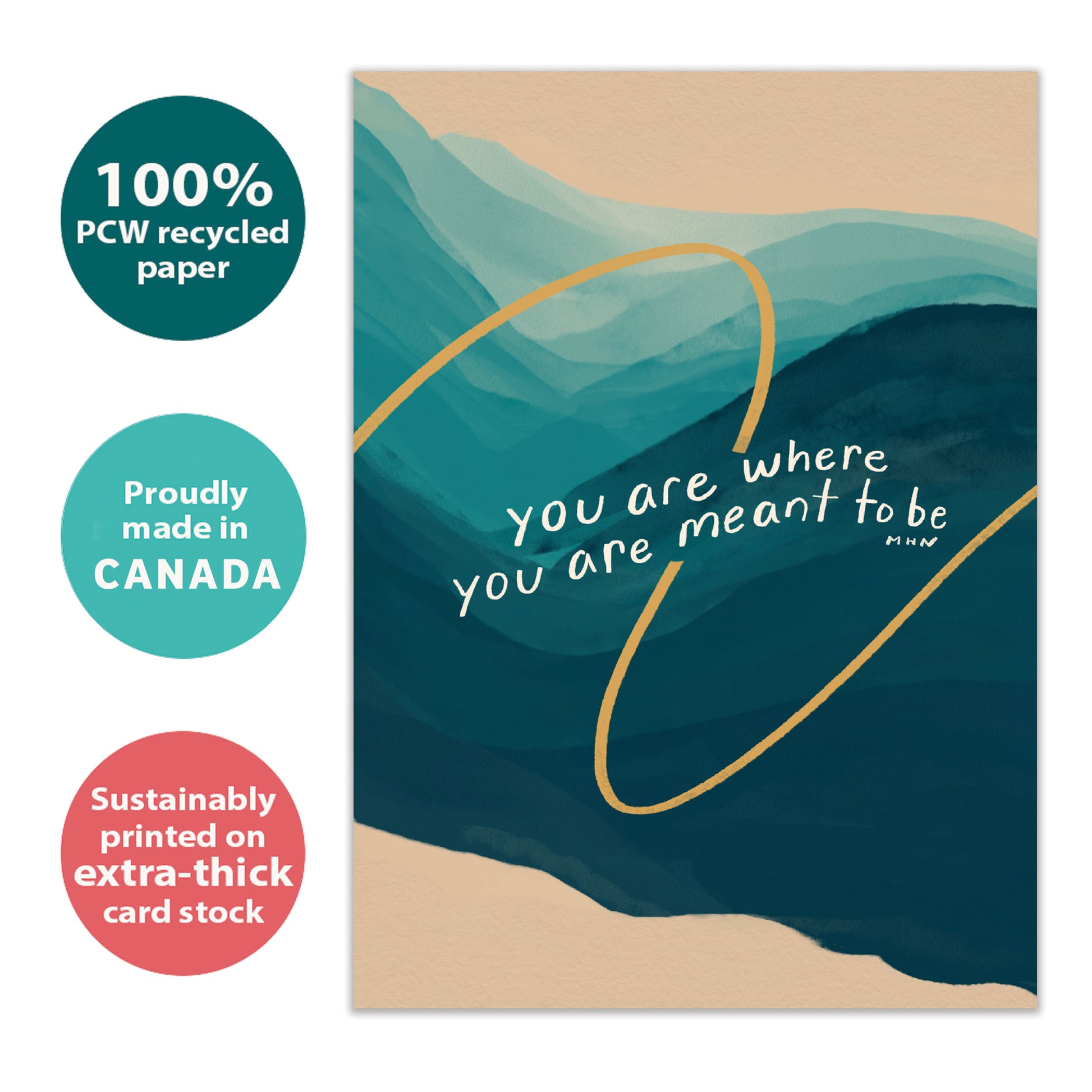 Front view of an All Occasion greeting card with the message 'You are where you are meant to be' on a calm background, highlighting its eco-friendly materials and made in Canada.