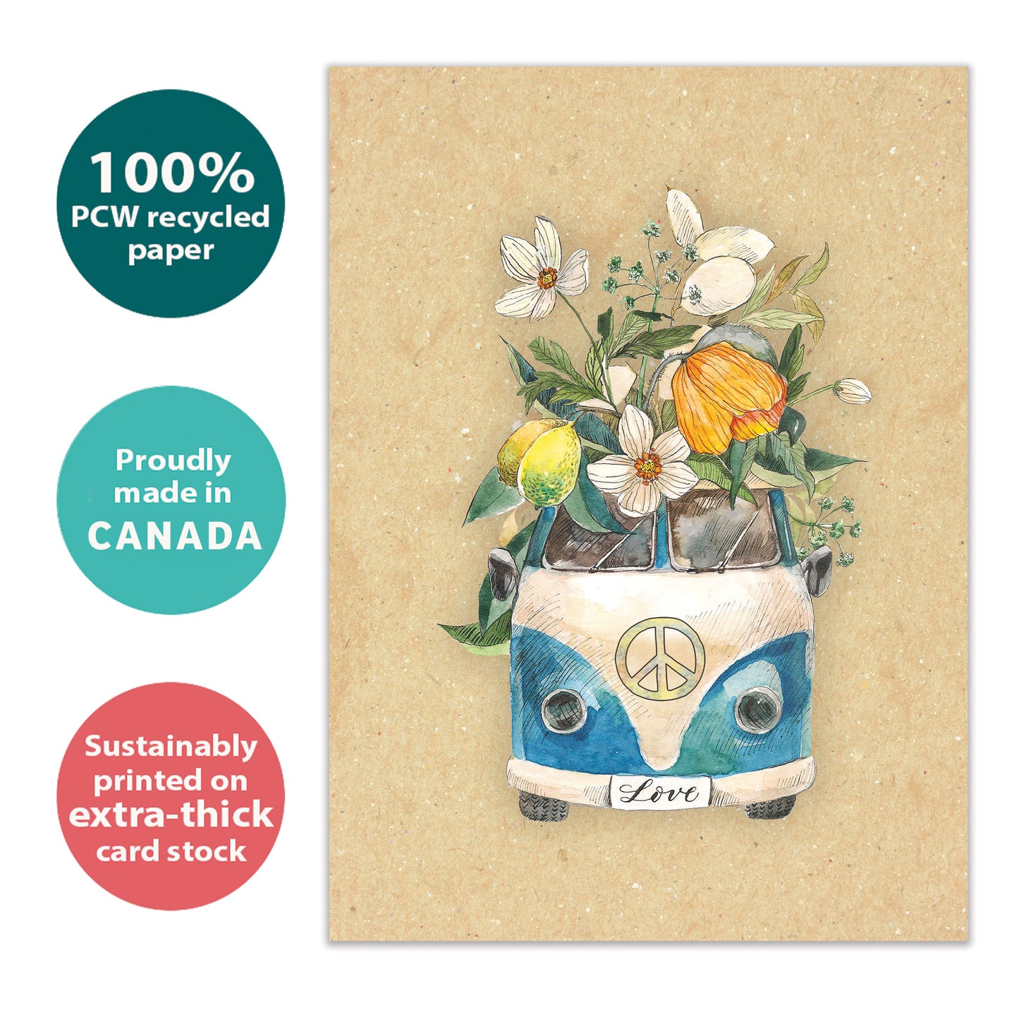 Front view of an All Occasion greeting card with a van overflowing with flowers and the word 'Love' on the licence plate, highlighting its eco-friendly materials and made in Canada.