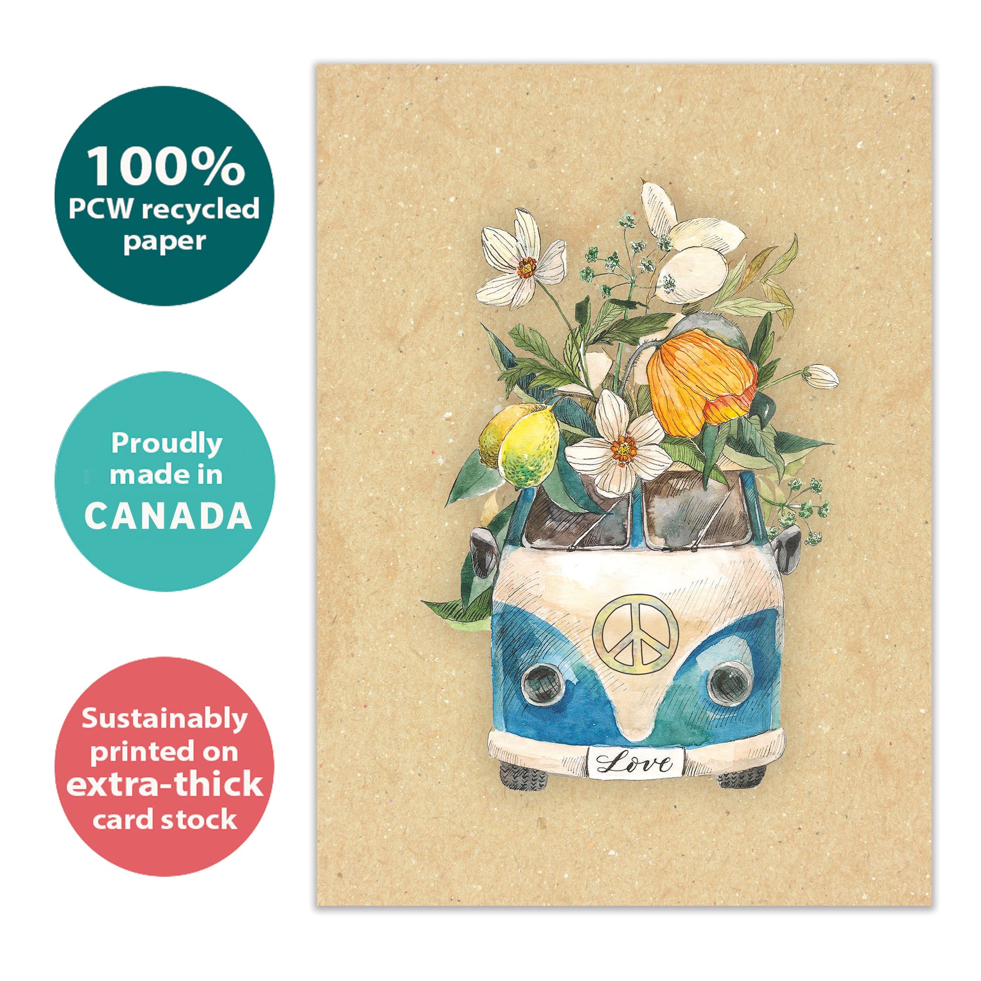Front view of an All Occasion greeting card with a van overflowing with flowers and the word 'Love' on the licence plate, highlighting its eco-friendly materials and made in Canada.