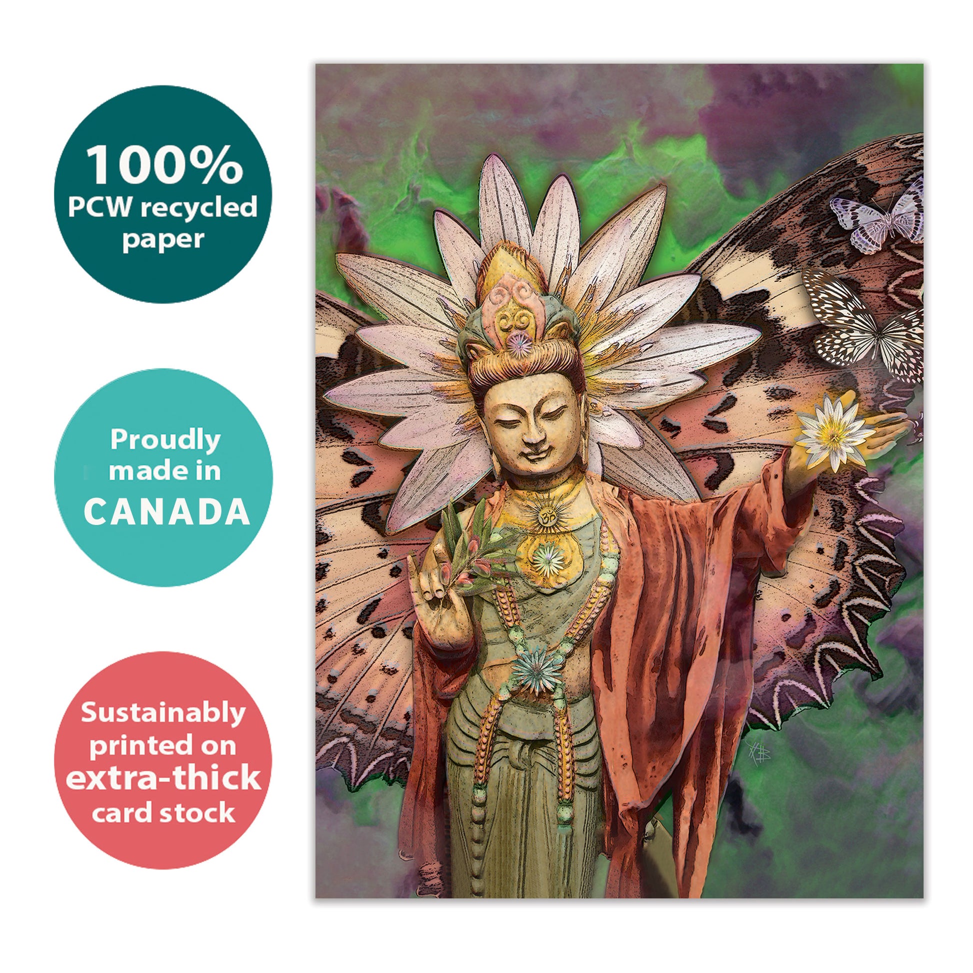 Front view of an All Occasion greeting card with an illustration of a Buddha with butterfly wings, highlighting its eco-friendly materials and made in Canada.