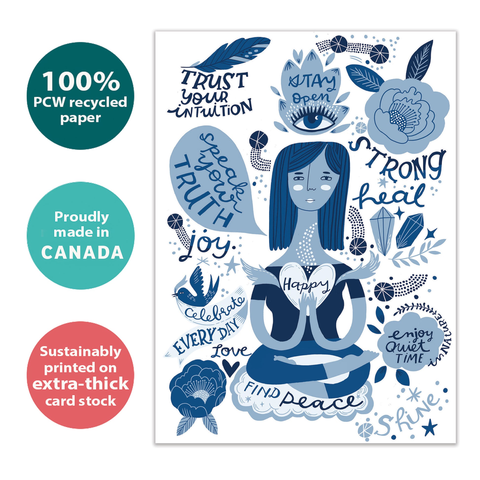Front view of an All Occasion greeting card with a woman meditating, surrounded by peaceful blue messages, highlighting its eco-friendly materials and made in Canada.