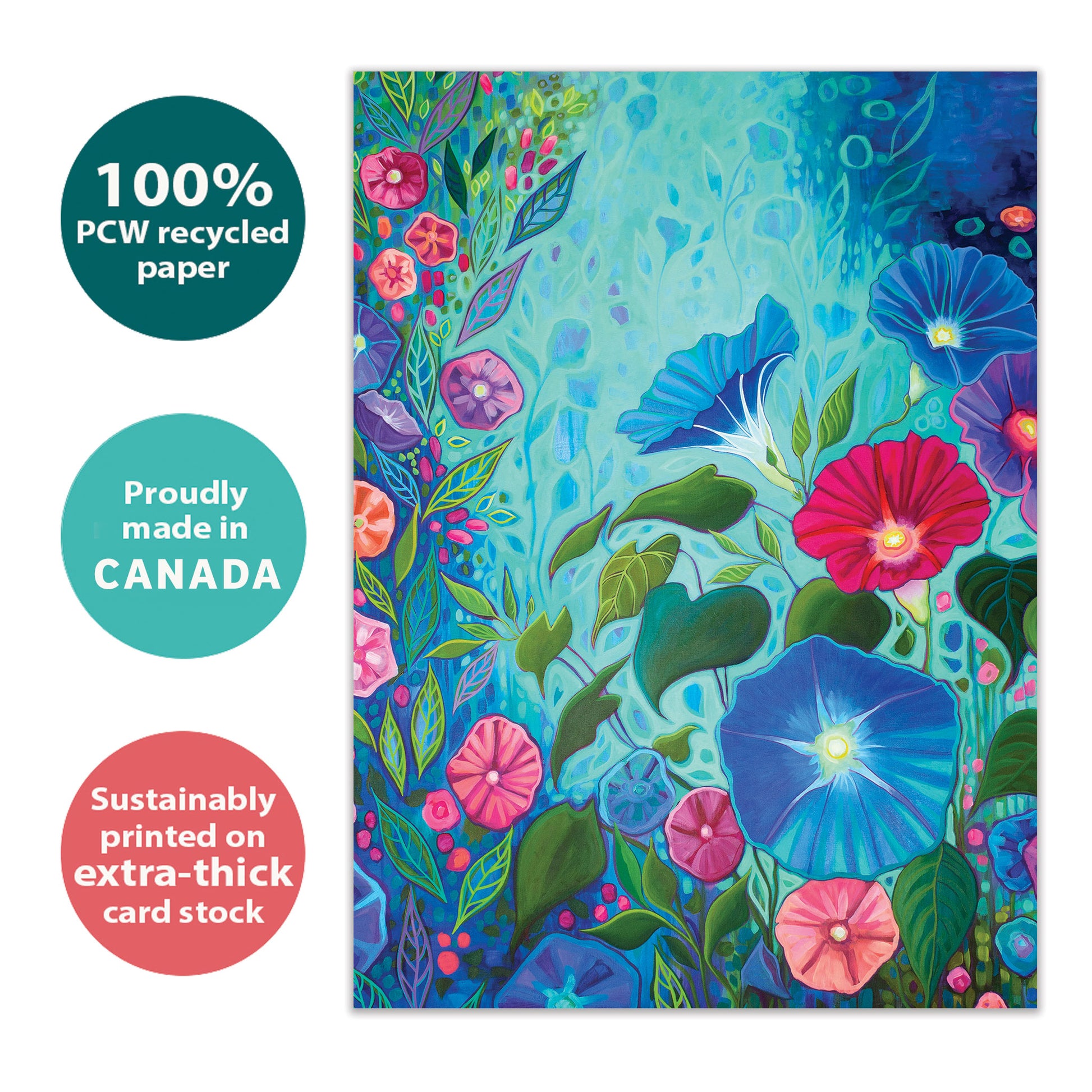 Front view of an All Occasion greeting card with beautiful flowers in rich, vibrant colours, highlighting its eco-friendly materials and made in Canada.