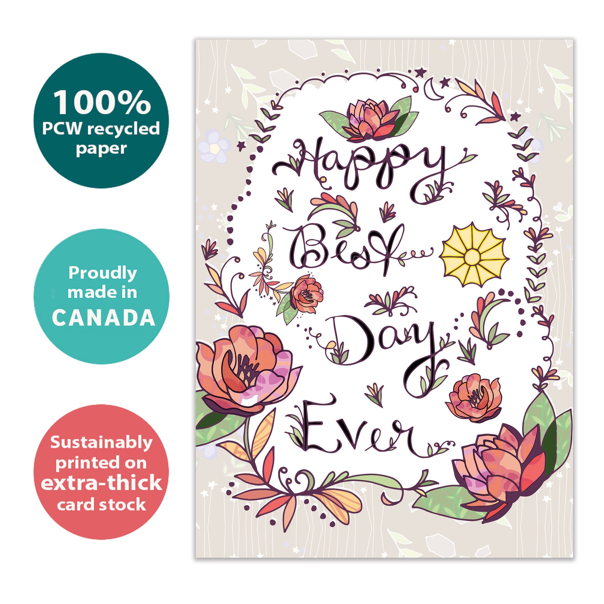 Front view of an All Occasion greeting card with 'Happy best day ever' and an intricate floral design, highlighting its eco-friendly materials and made in Canada.