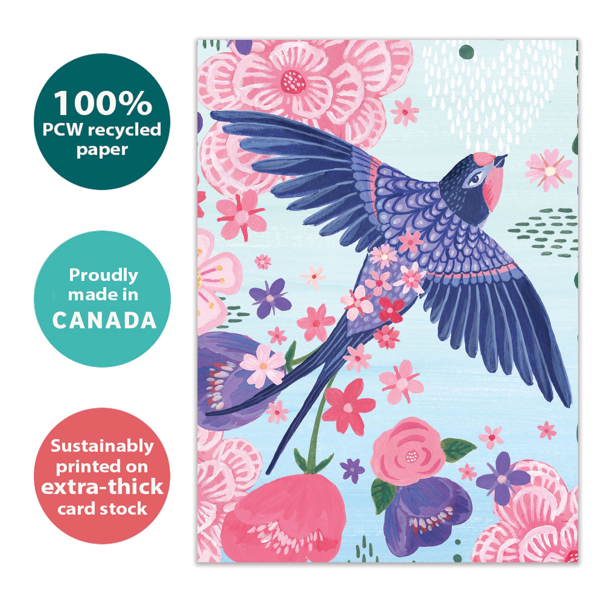 Front view of an All Occasion greeting card with a whimsical bird and floral design, highlighting its eco-friendly materials and made in Canada.
