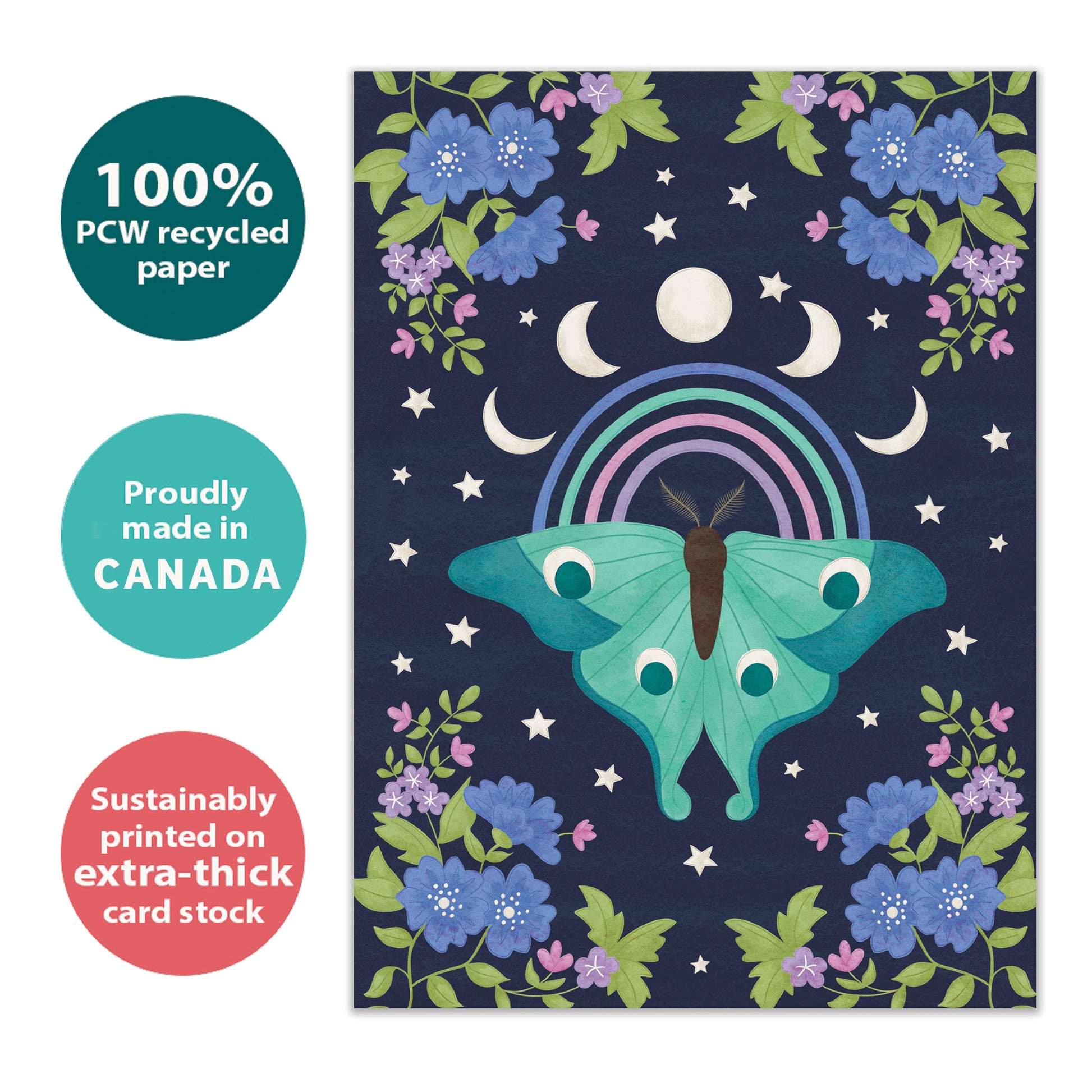 Front view of an All Occasion greeting card with a detailed moth, moon phases, and flowers on a rich blue background, highlighting its eco-friendly materials and made in Canada.